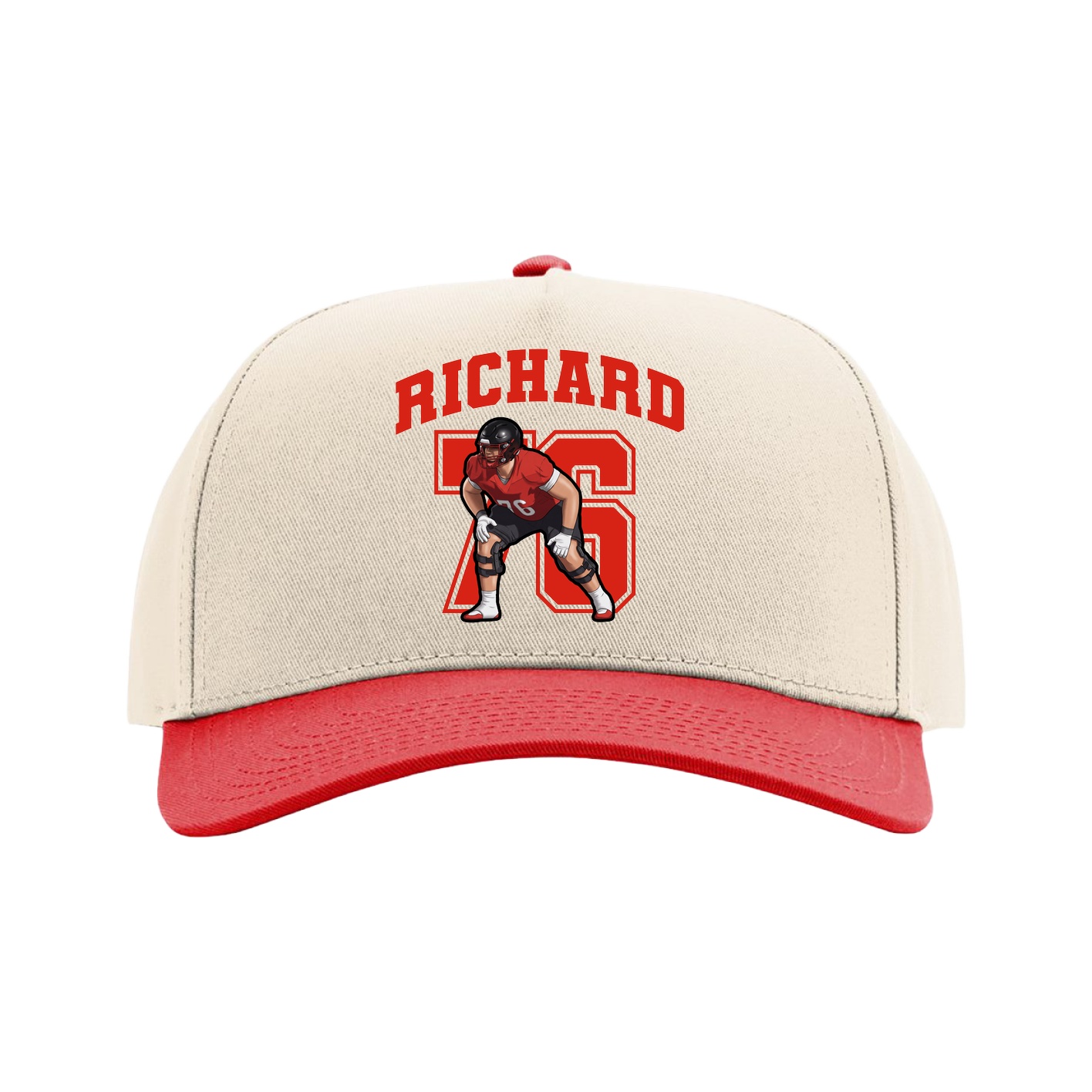 Full Fabric Five-Panel Champ Cap — Number in Cream/Red
