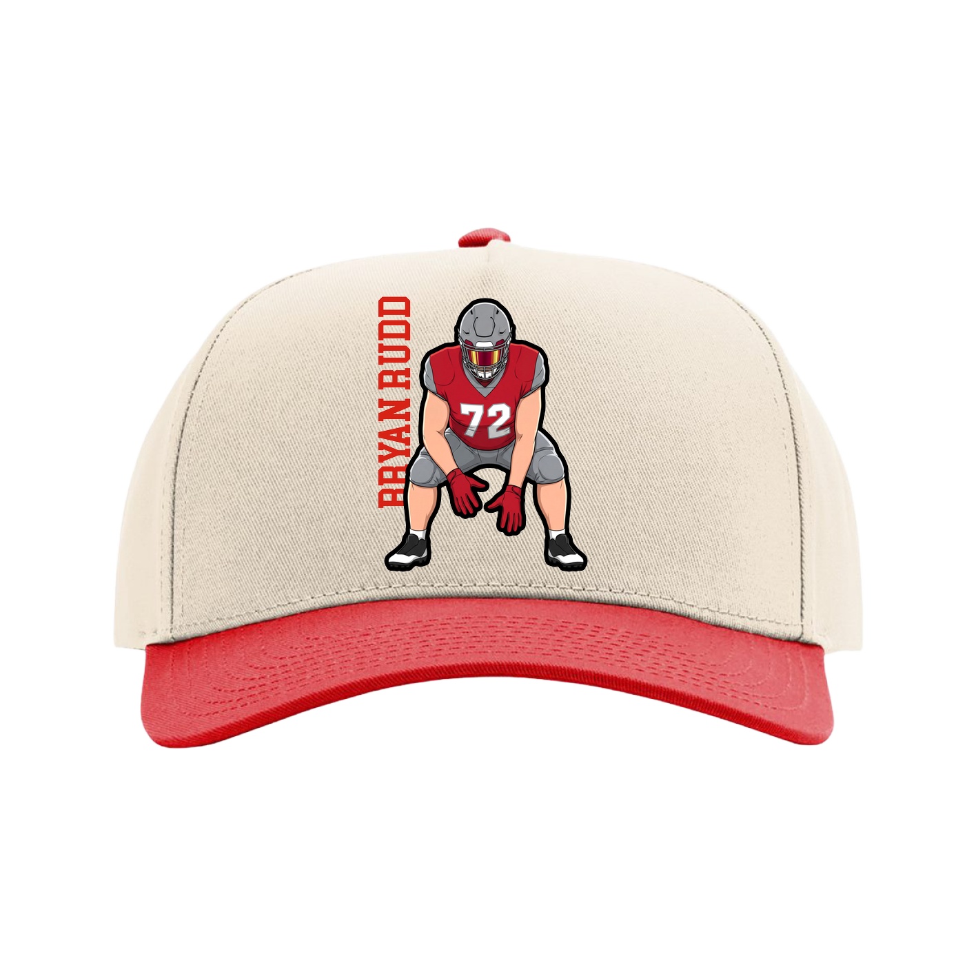 Full Fabric Five-Panel Champ Cap — Name Vertical in Cream/Red