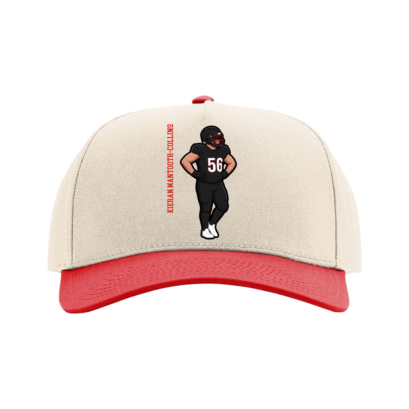 Full Fabric Five-Panel Champ Cap — Name Vertical in Cream/Red