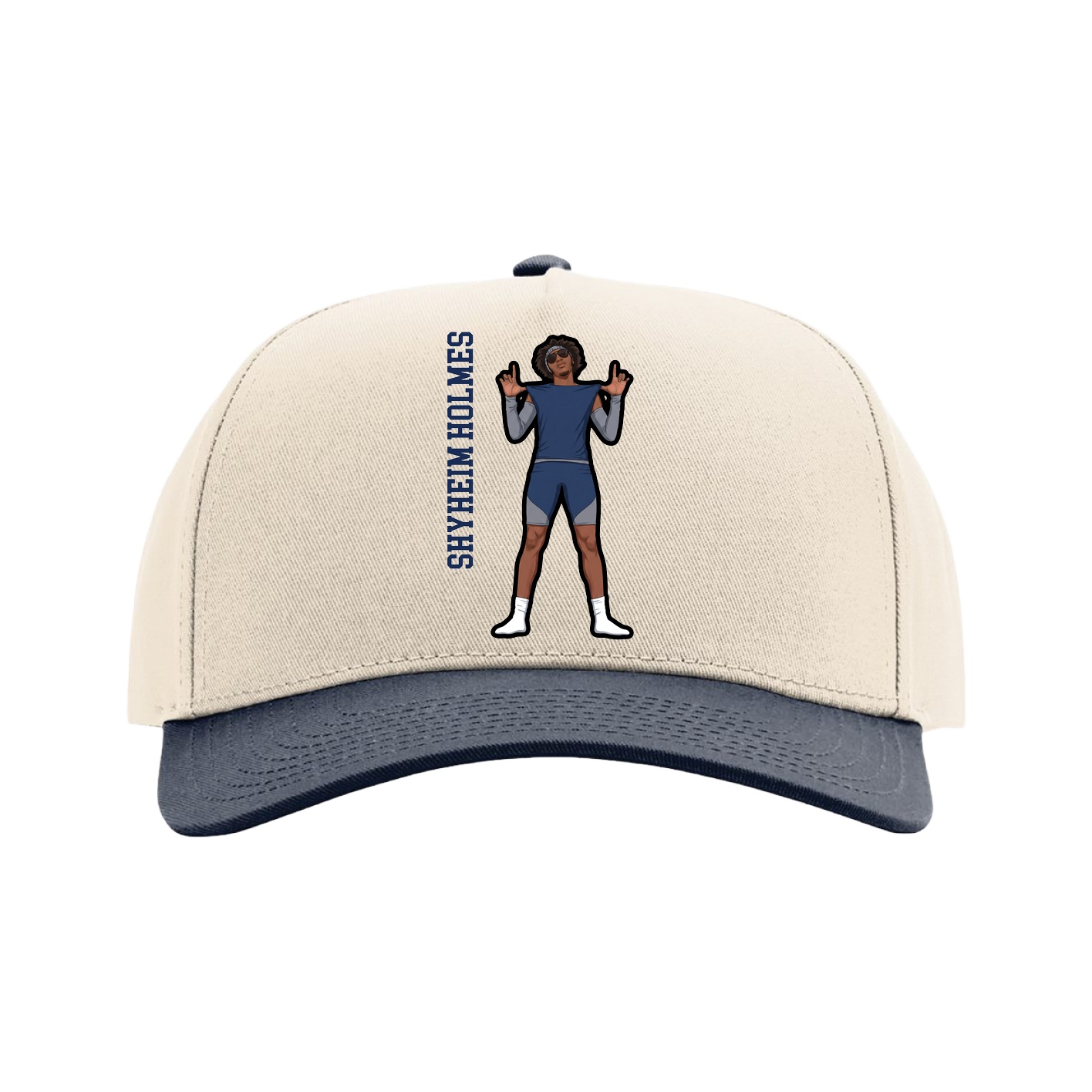 Full Fabric Five-Panel Champ Cap — Name Vertical in Cream/Navy
