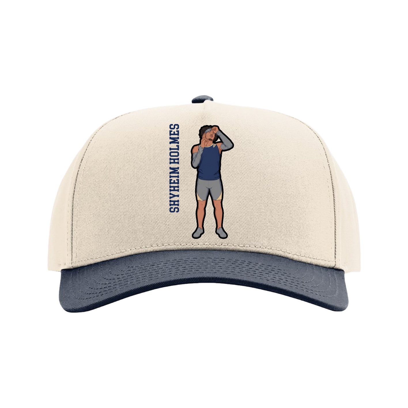 Full Fabric Five-Panel Champ Cap — Name Vertical in Cream/Navy