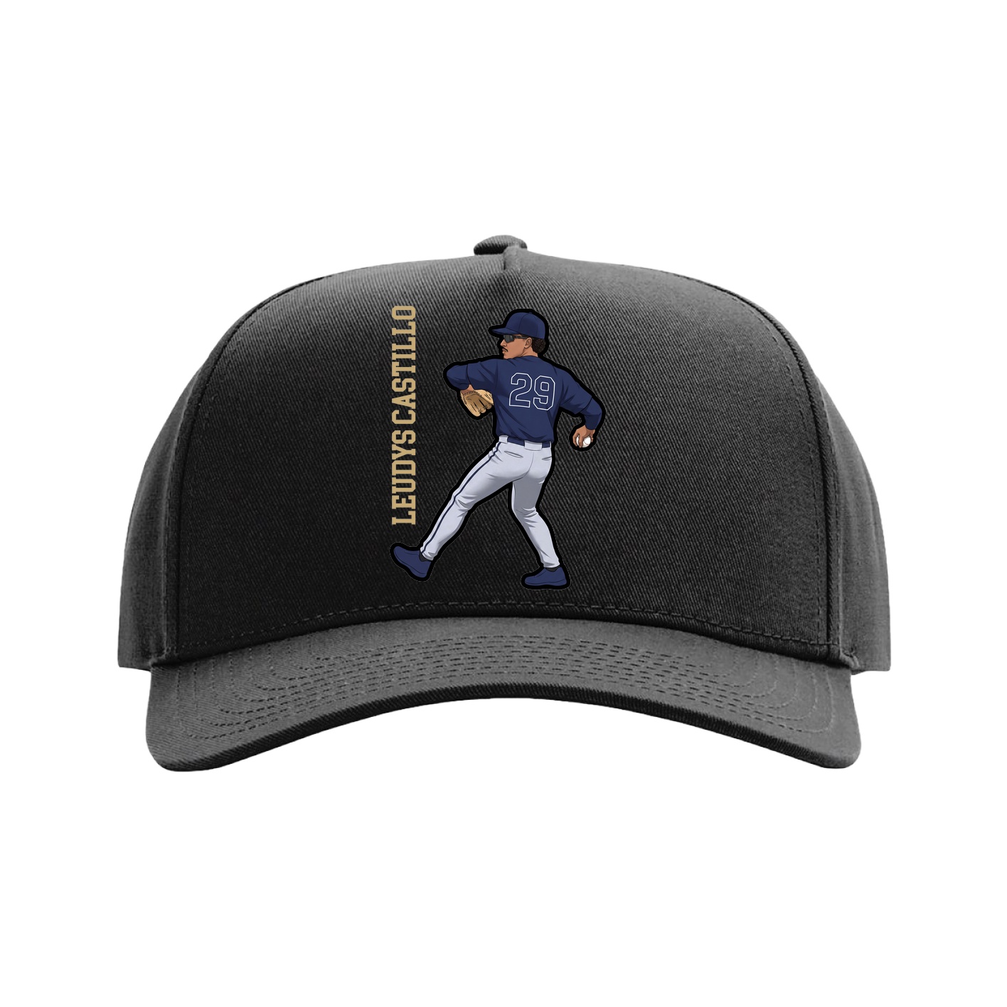 Full Fabric Five-Panel Champ Cap — Name Vertical in Black