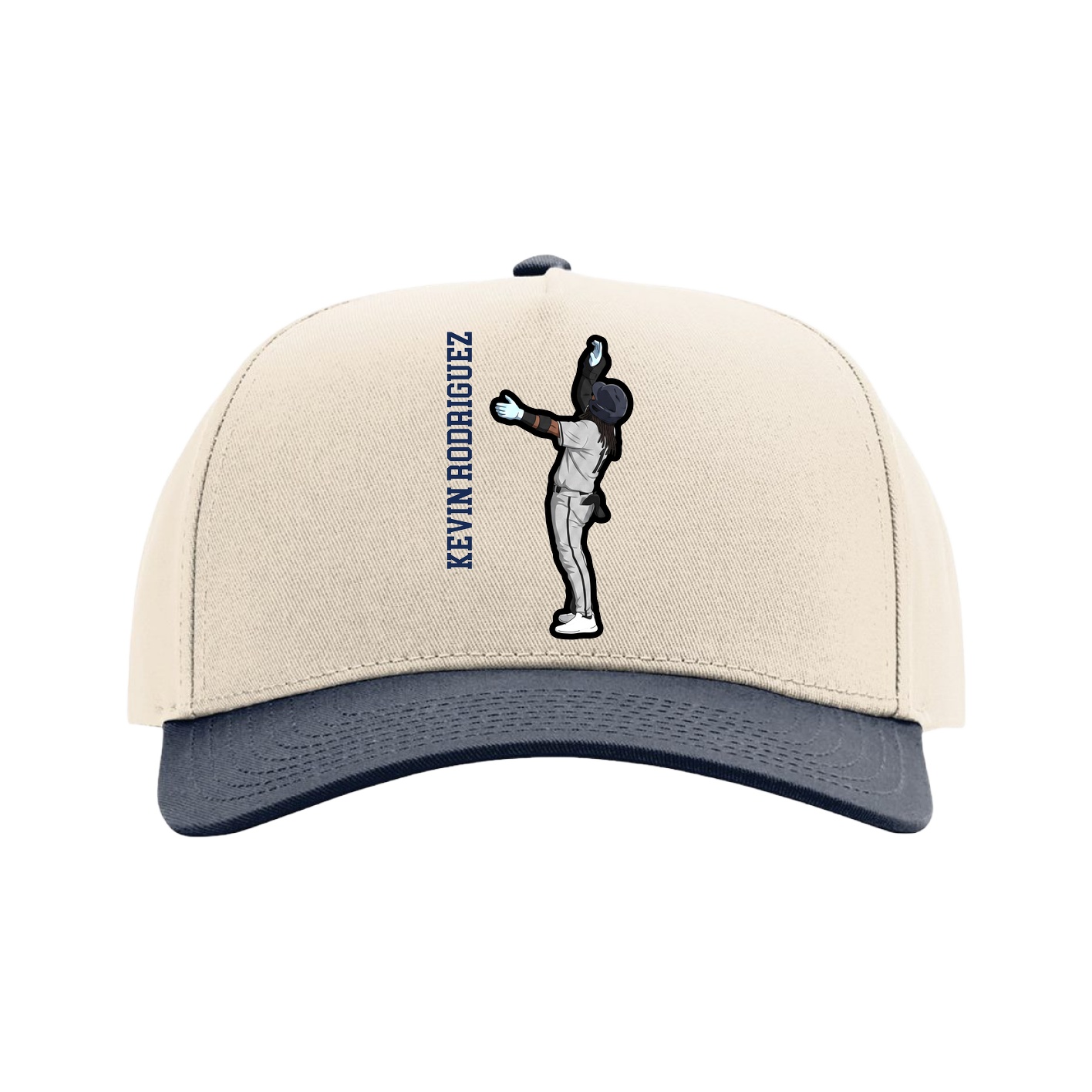 Full Fabric Five-Panel Champ Cap — Name Vertical in Cream/Navy