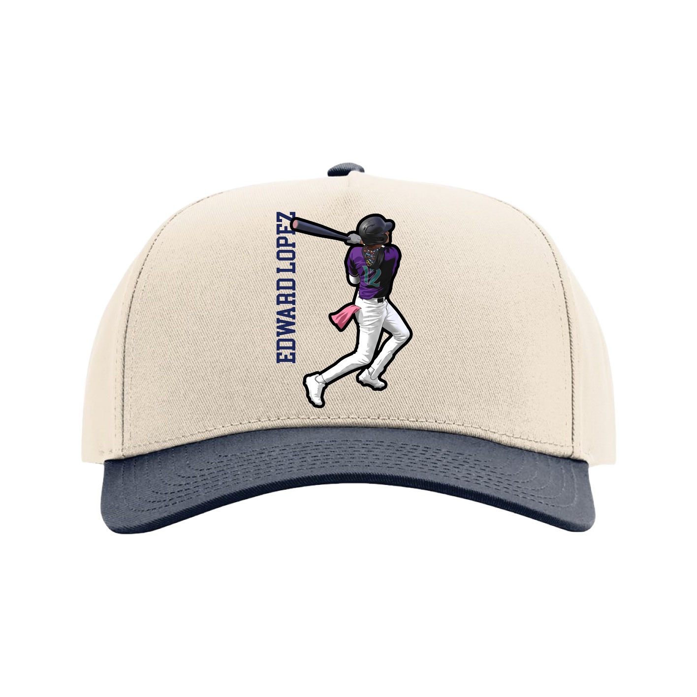 Full Fabric Five-Panel Champ Cap — Name Vertical in Cream/Navy