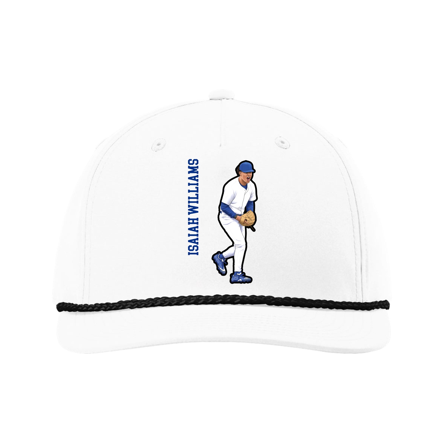Five-Panel Classic Rope Cap — Name Vertical in White
