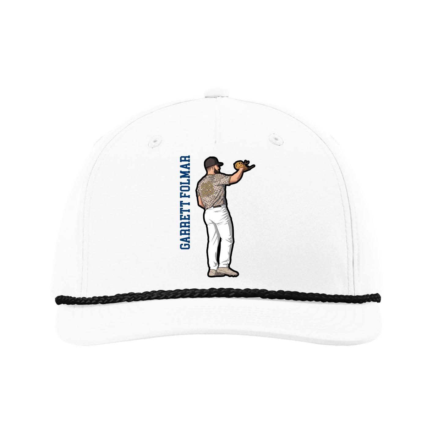 Five-Panel Classic Rope Cap — Name Vertical in White
