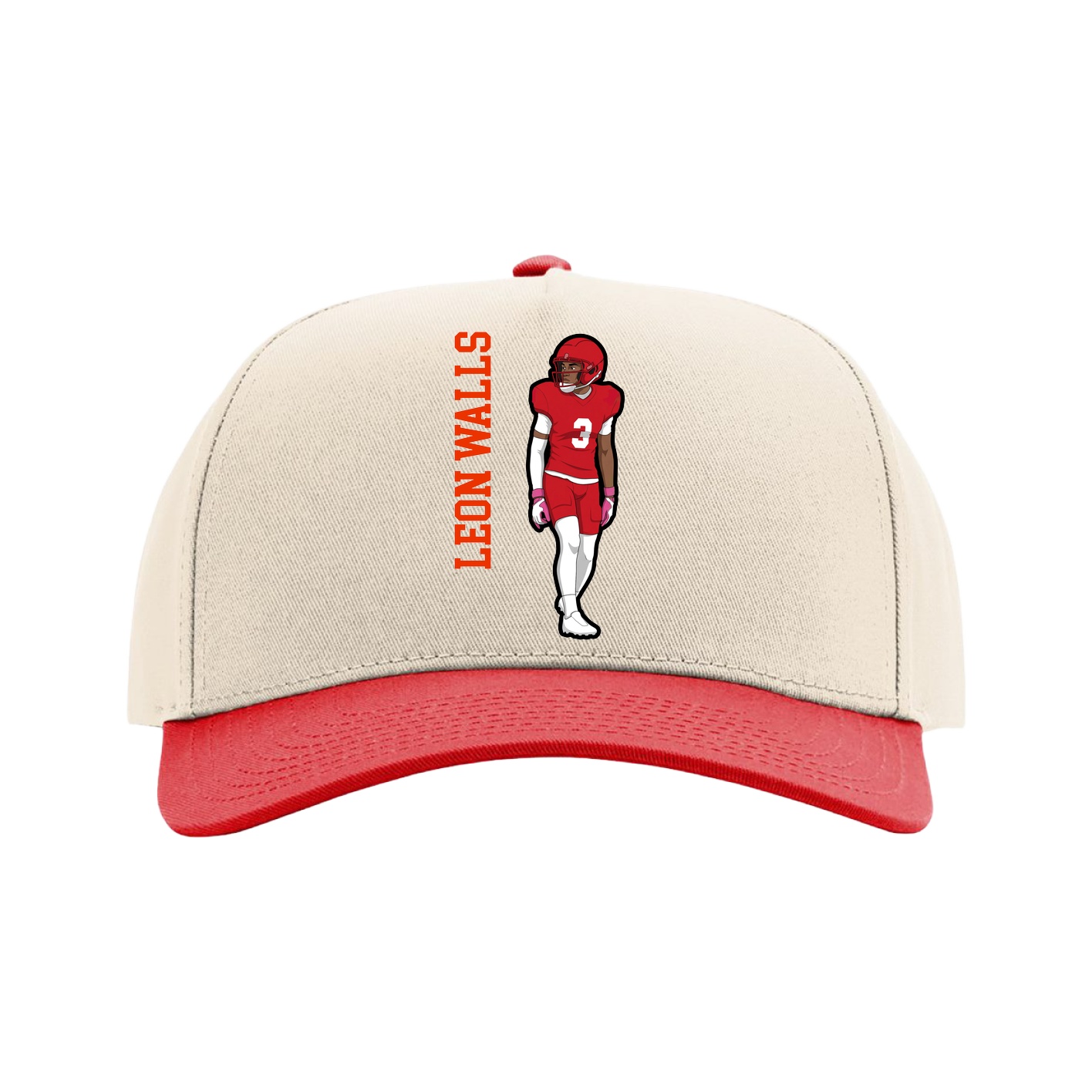 Full Fabric Five-Panel Champ Cap — Name Vertical in Cream/Red