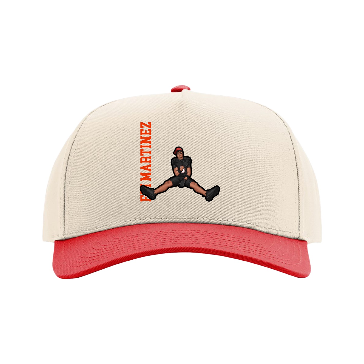 Full Fabric Five-Panel Champ Cap — Name Vertical in Cream/Red