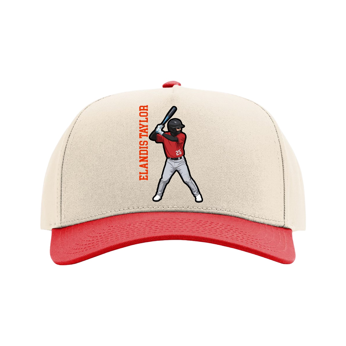 Full Fabric Five-Panel Champ Cap — Name Vertical in Cream/Red