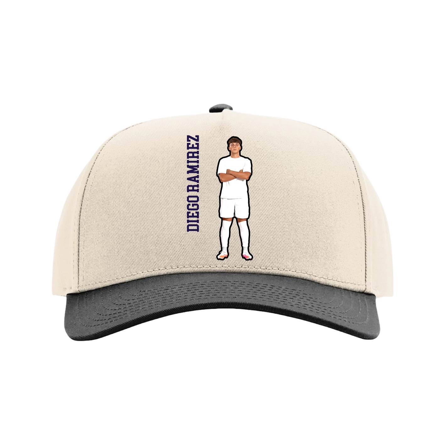 Full Fabric Five-Panel Champ Cap — Name Vertical in Cream/Black