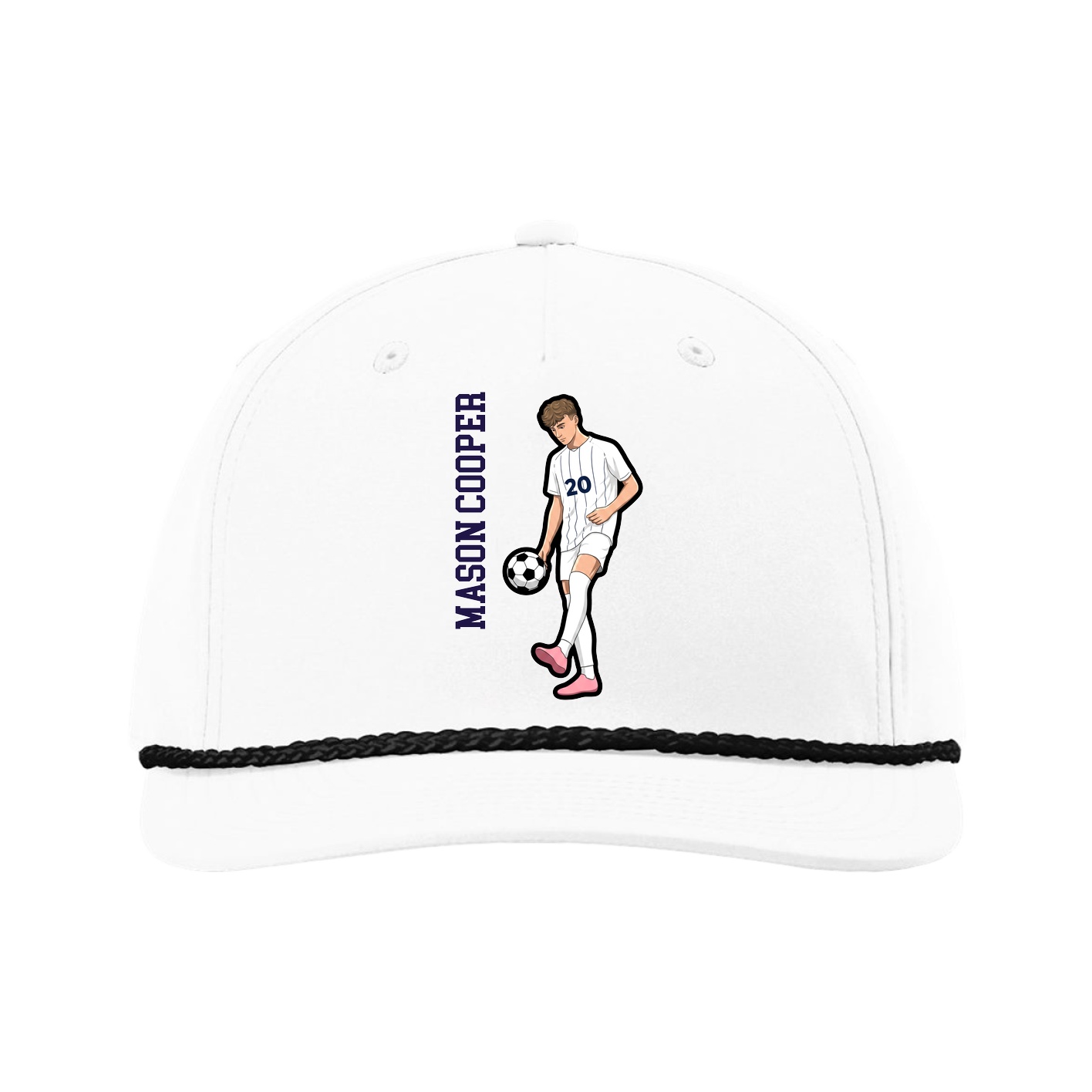 Five-Panel Classic Rope Cap — Name Vertical in White