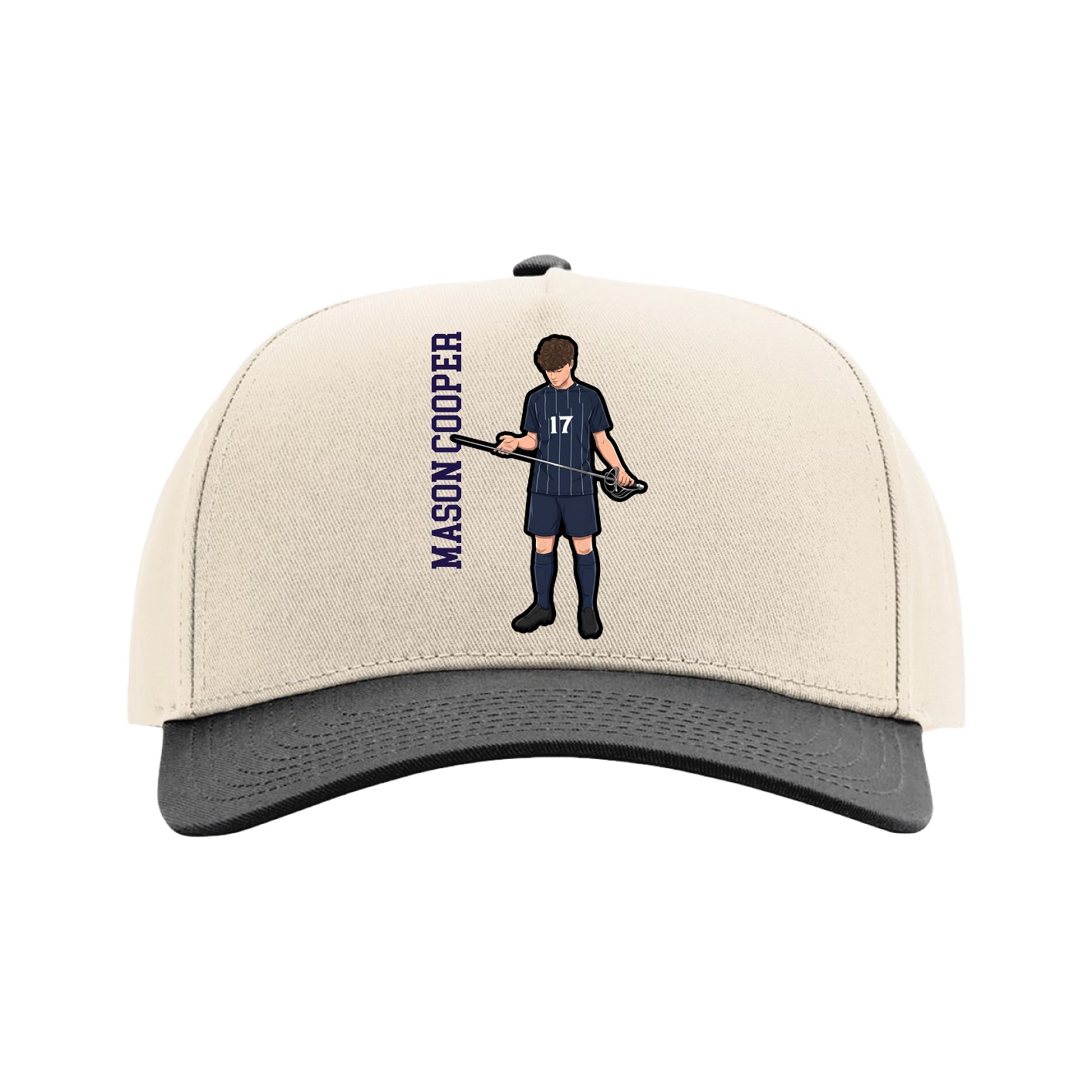 Full Fabric Five-Panel Champ Cap — Name Vertical in Cream/Black