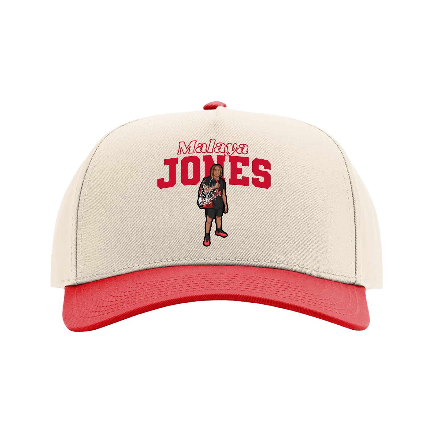 Full Fabric Five-Panel Champ Cap — Name Arch in Cream/Red