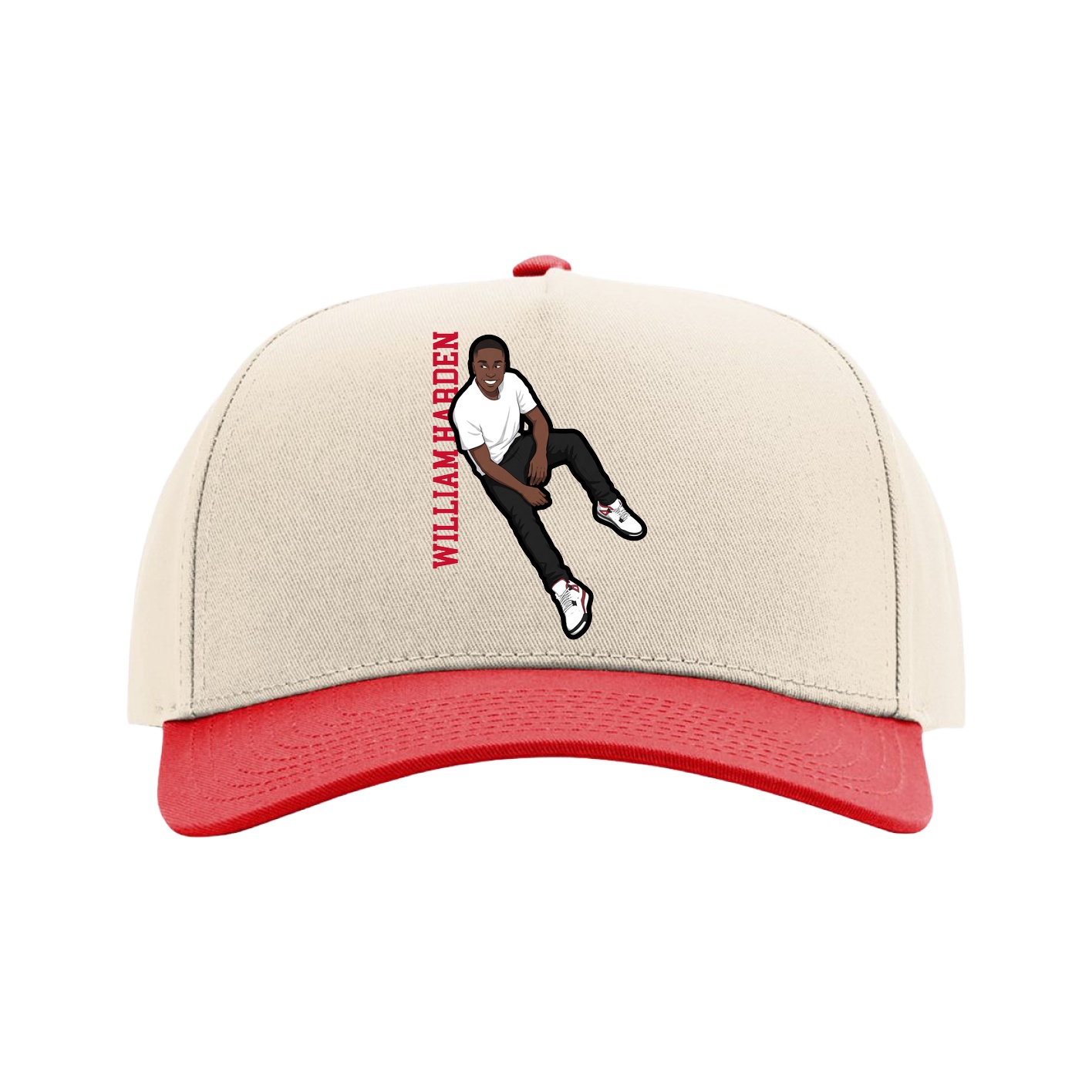 Full Fabric Five-Panel Champ Cap — Name Vertical in Cream/Red