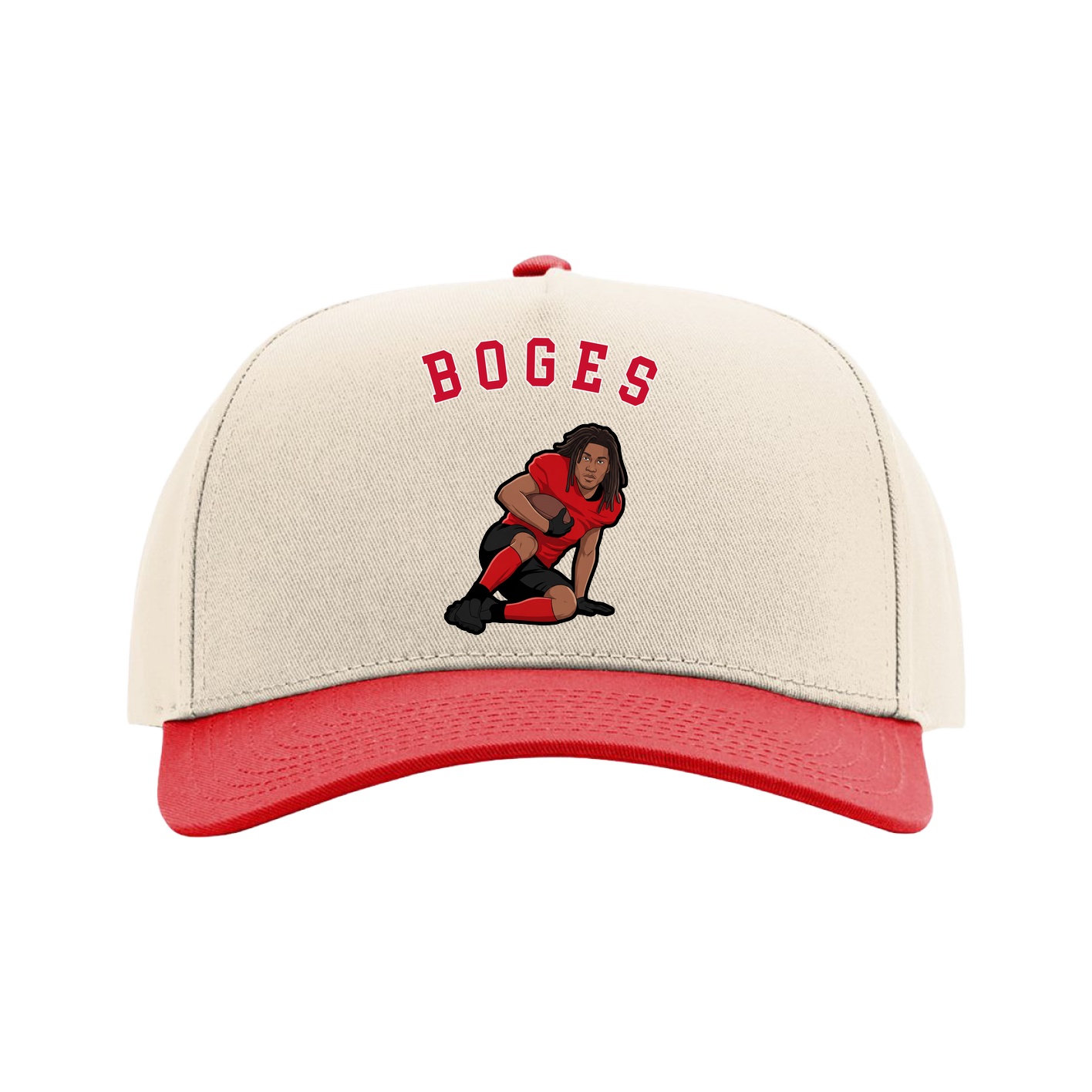 Full Fabric Five-Panel Champ Cap — Shirsey Arch in Cream/Red