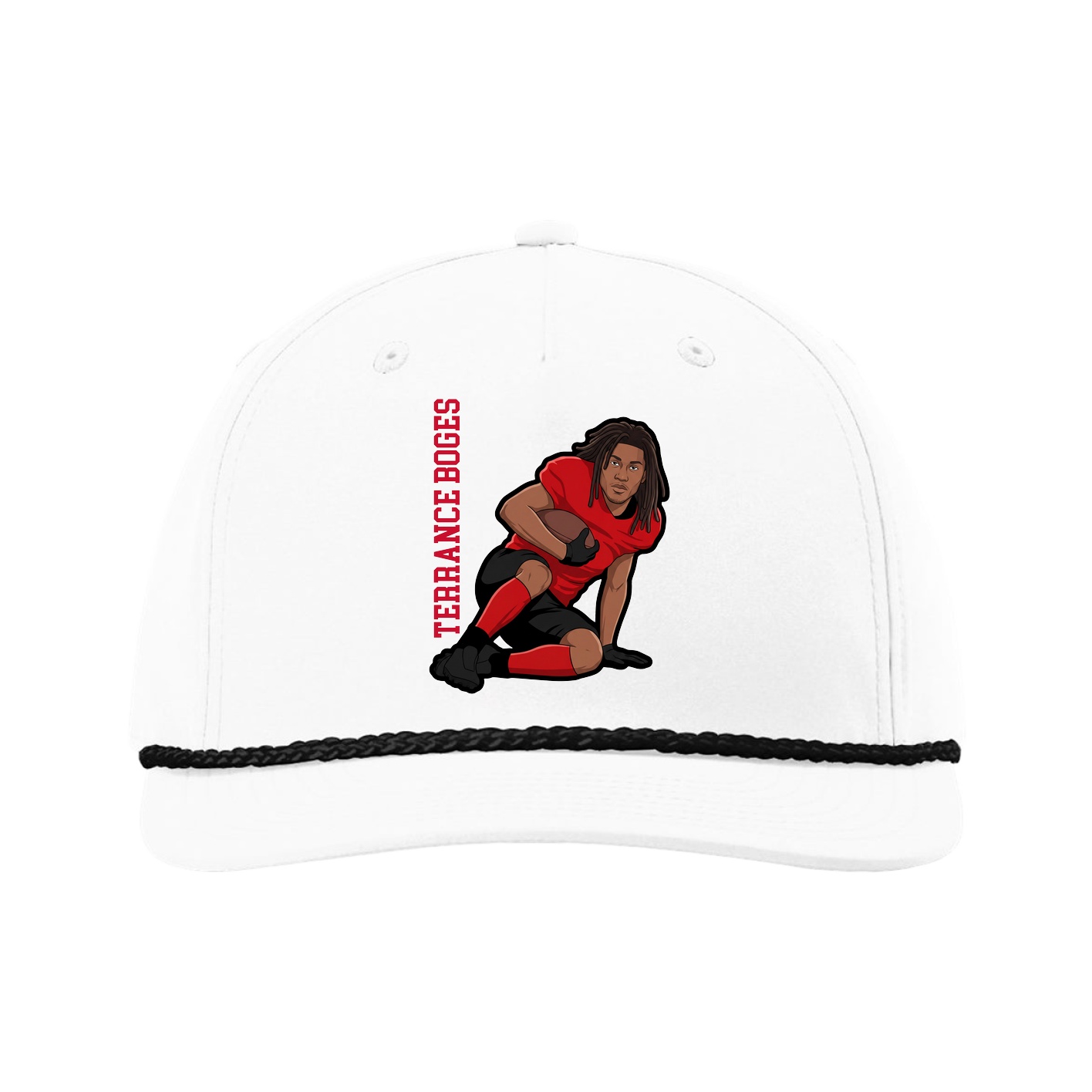 Five-Panel Classic Rope Cap — Name Vertical in White