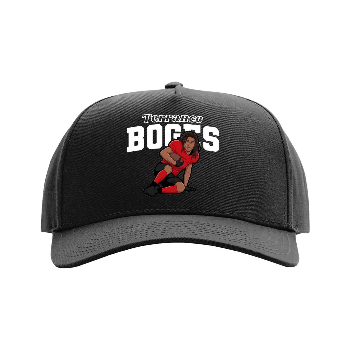 Full Fabric Five-Panel Champ Cap — Name Arch in Black