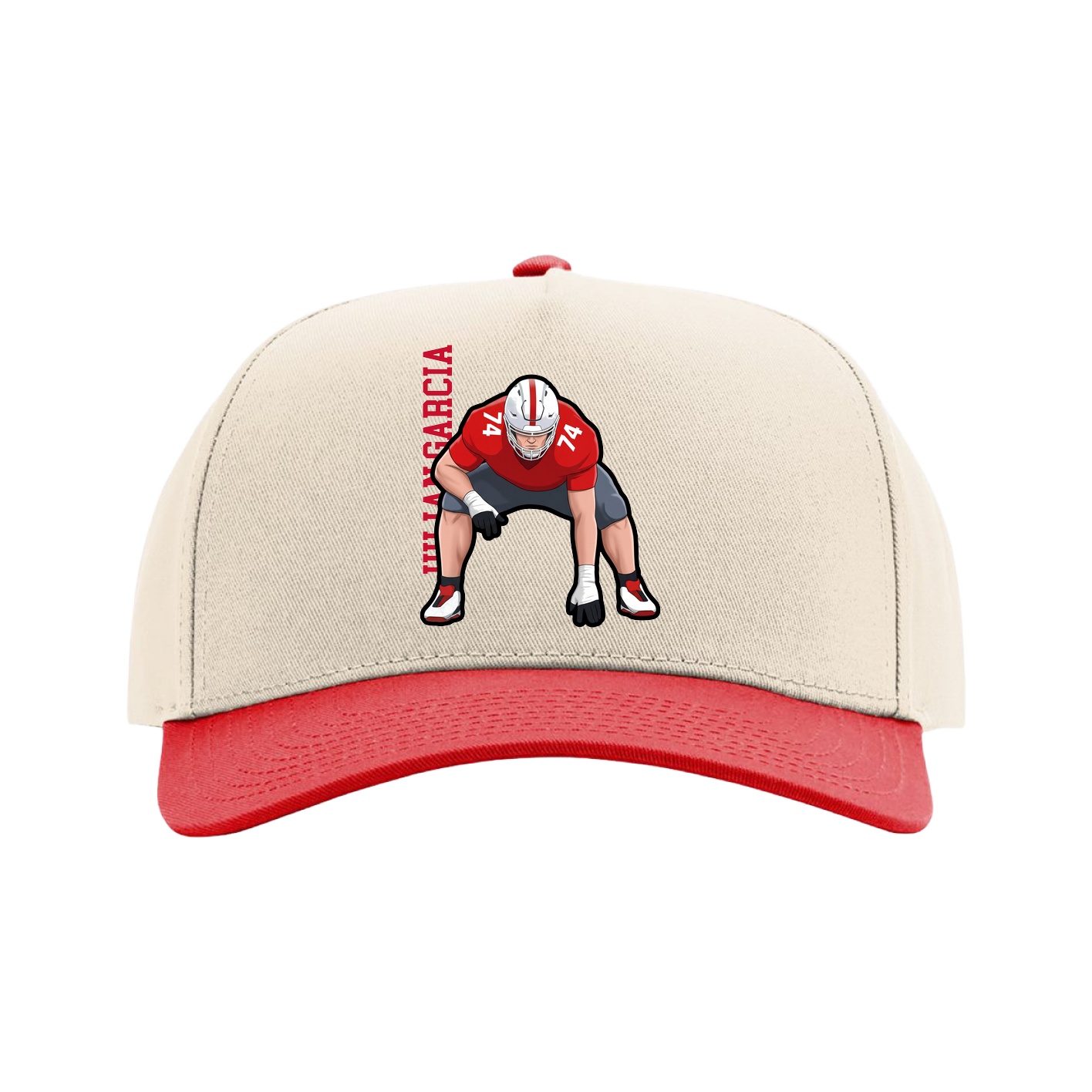 Full Fabric Five-Panel Champ Cap — Name Vertical in Cream/Red