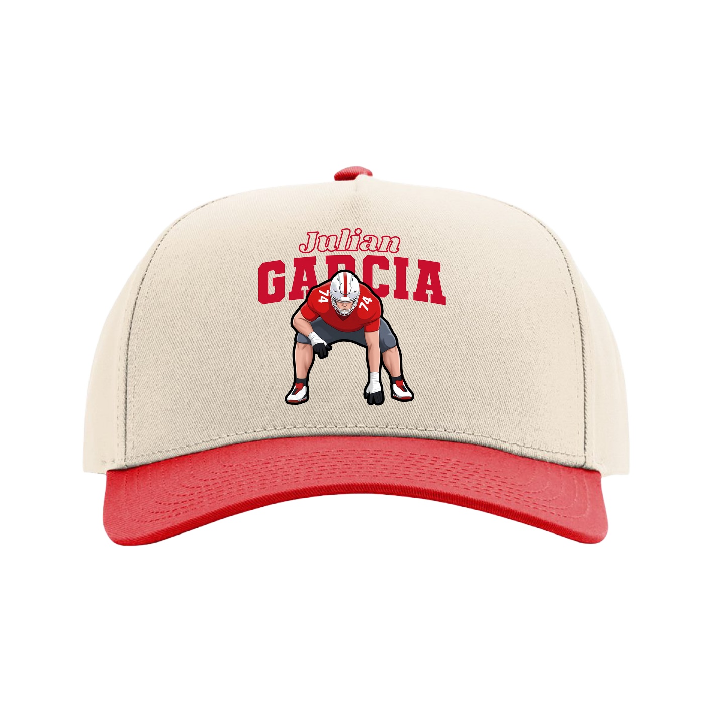 Full Fabric Five-Panel Champ Cap — Name Arch in Cream/Red