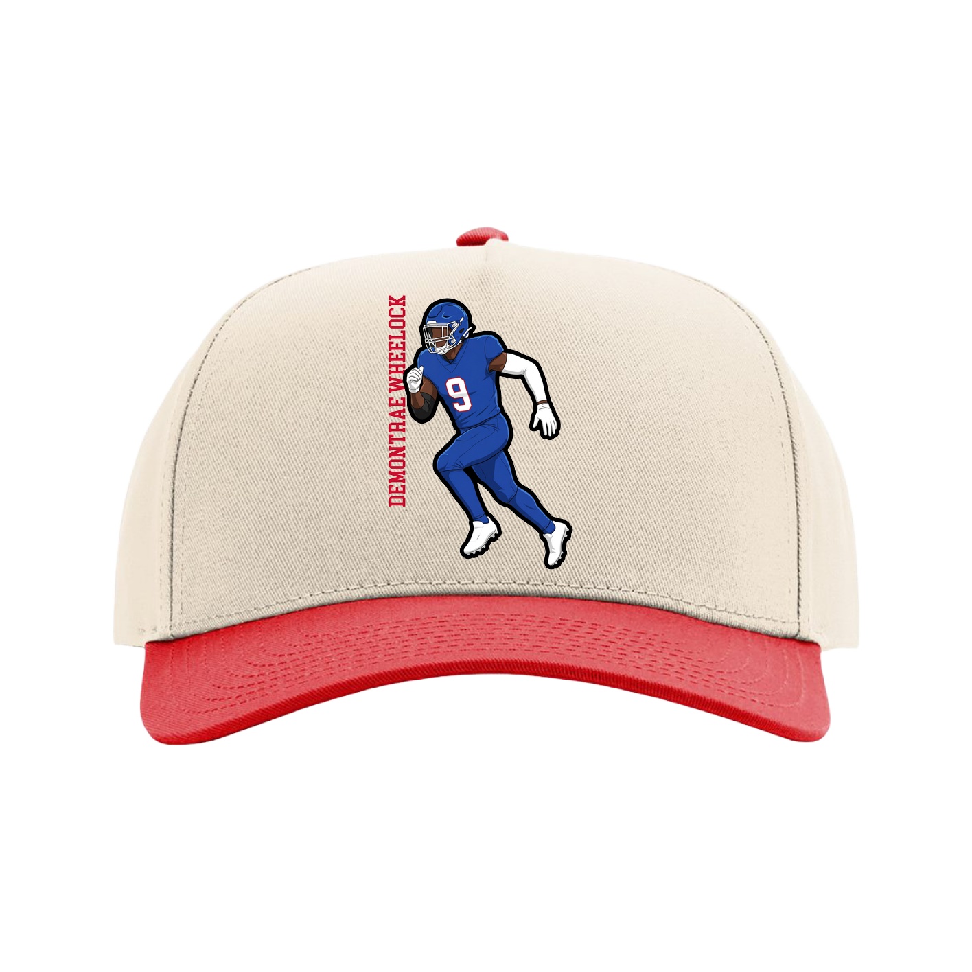 Full Fabric Five-Panel Champ Cap — Name Vertical in Cream/Red