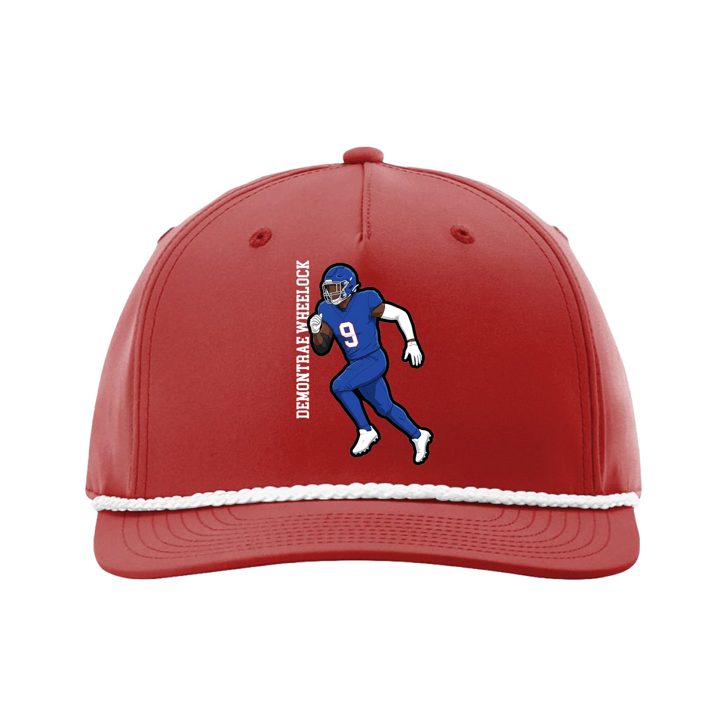 Five-Panel Classic Rope Cap — Name Vertical in Red