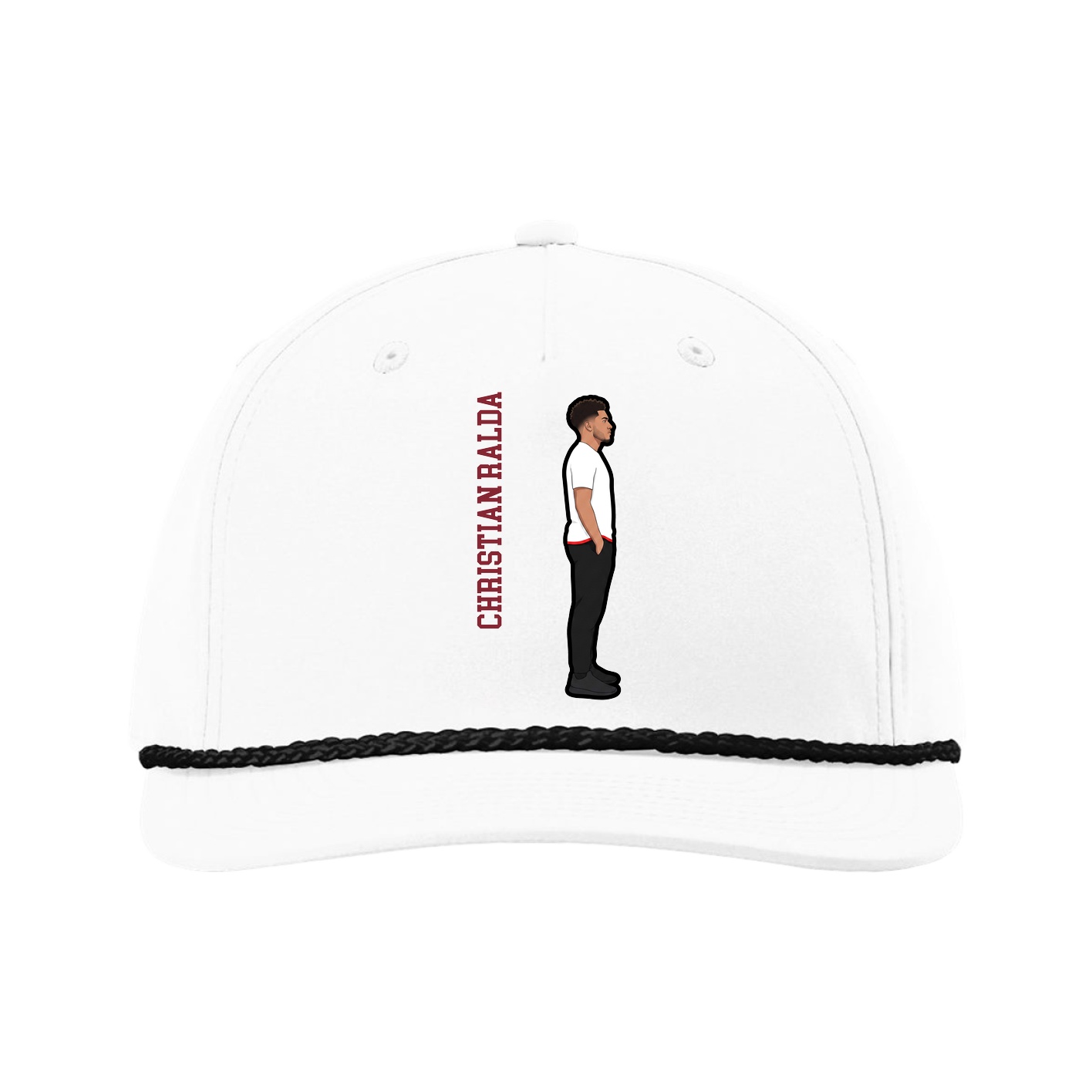 Five-Panel Classic Rope Cap — Name Vertical in White