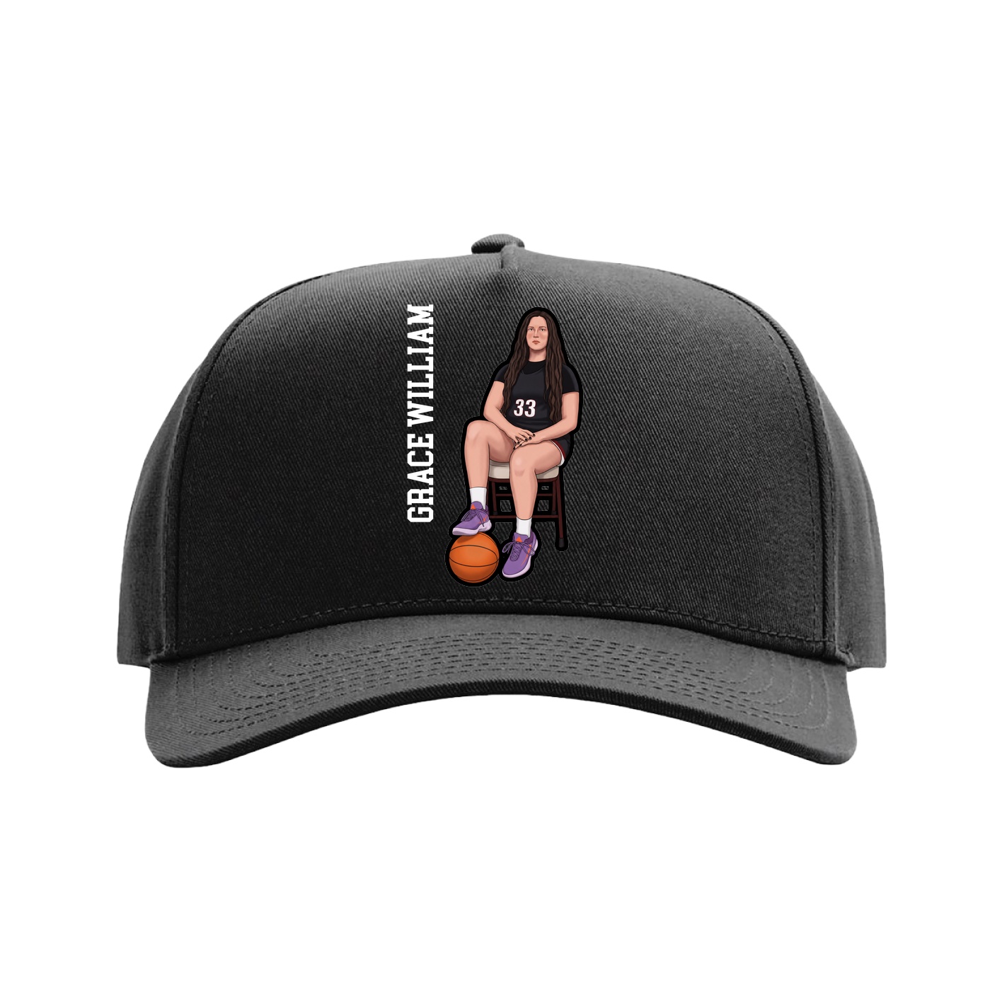 Full Fabric Five-Panel Champ Cap — Name Vertical in Black