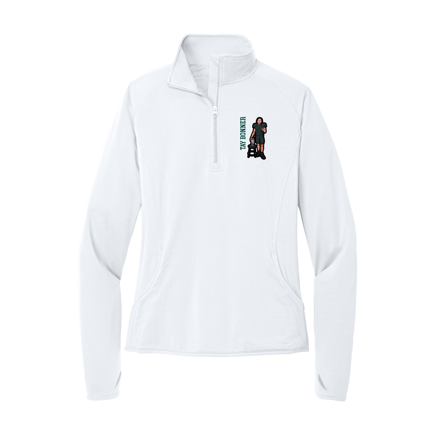 Women's Q-Zip Pullover — Name Vertical in White