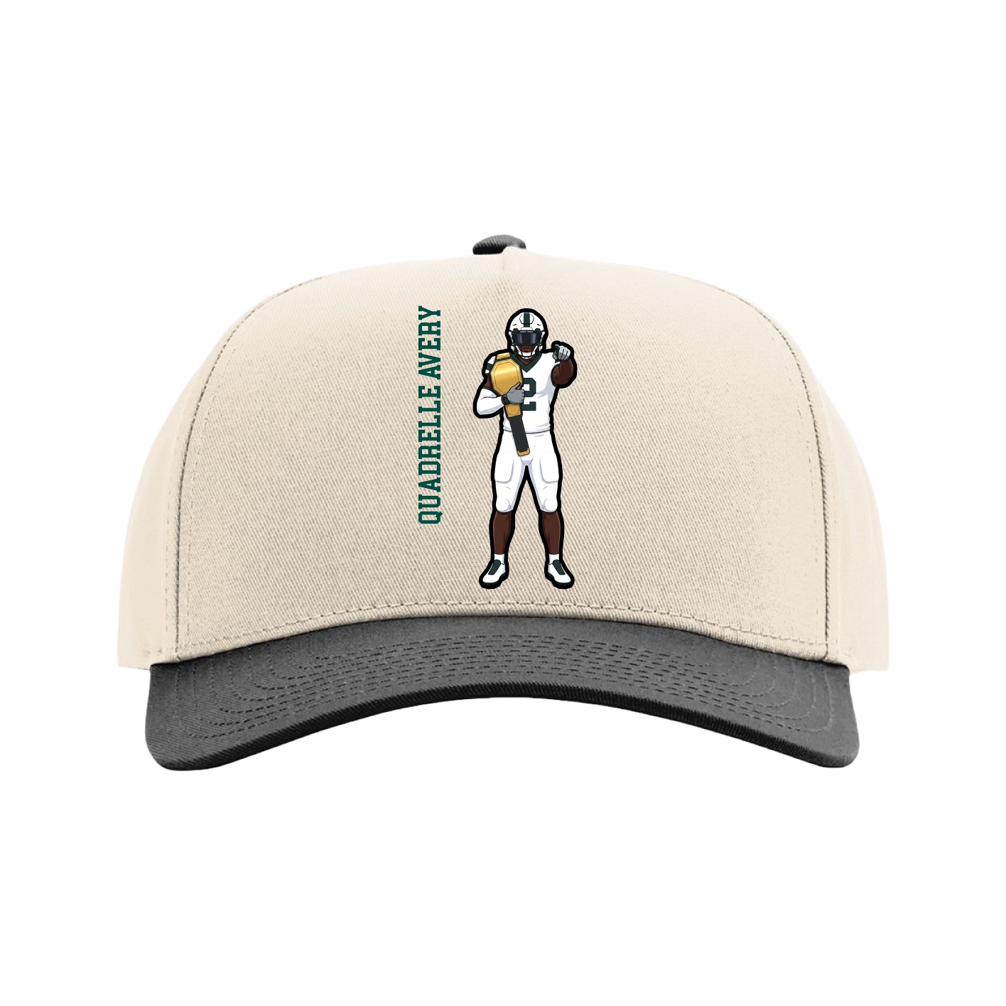 Full Fabric Five-Panel Champ Cap — Name Vertical in Cream/Black