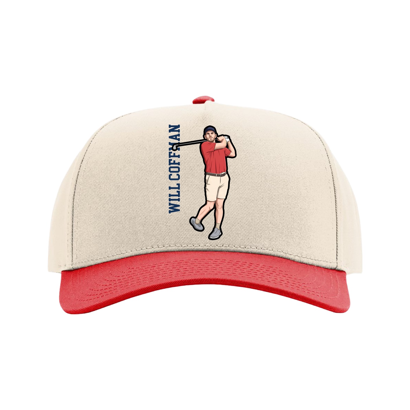 Full Fabric Five-Panel Champ Cap — Name Vertical in Cream/Red