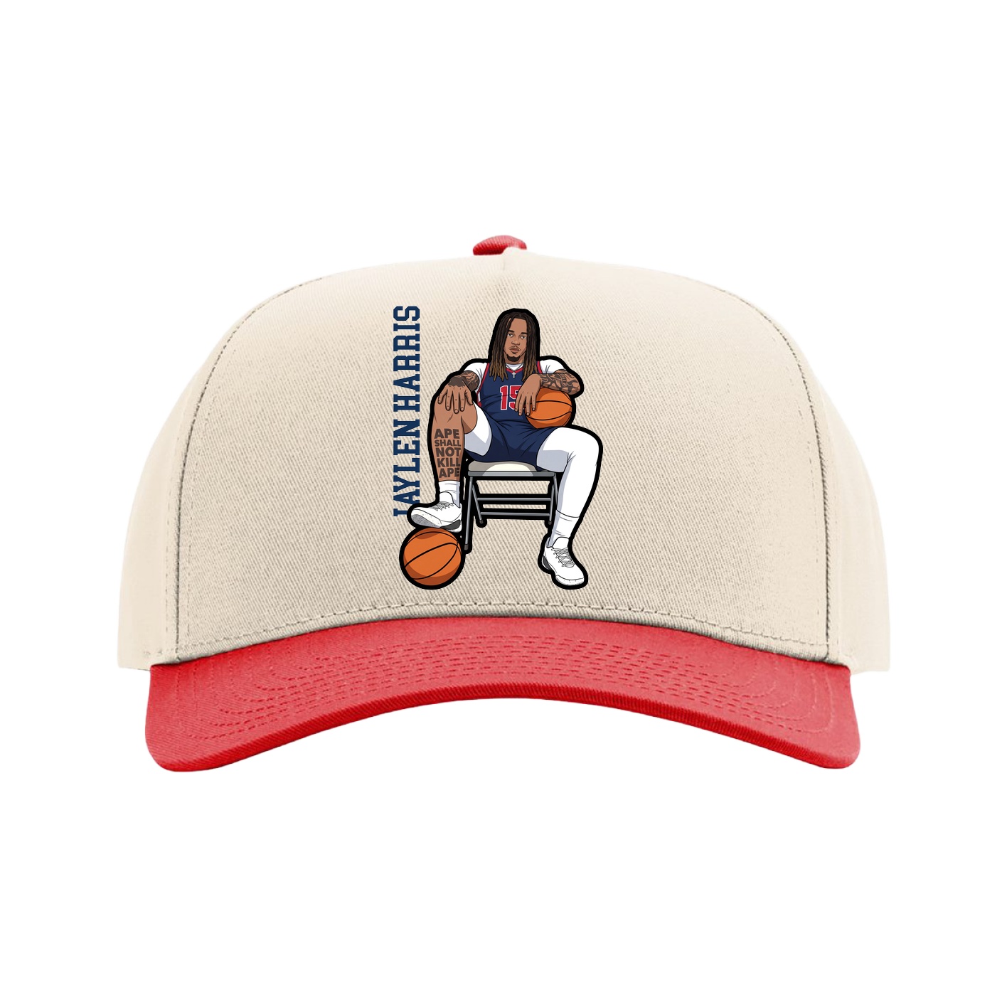Full Fabric Five-Panel Champ Cap — Name Vertical in Cream/Red