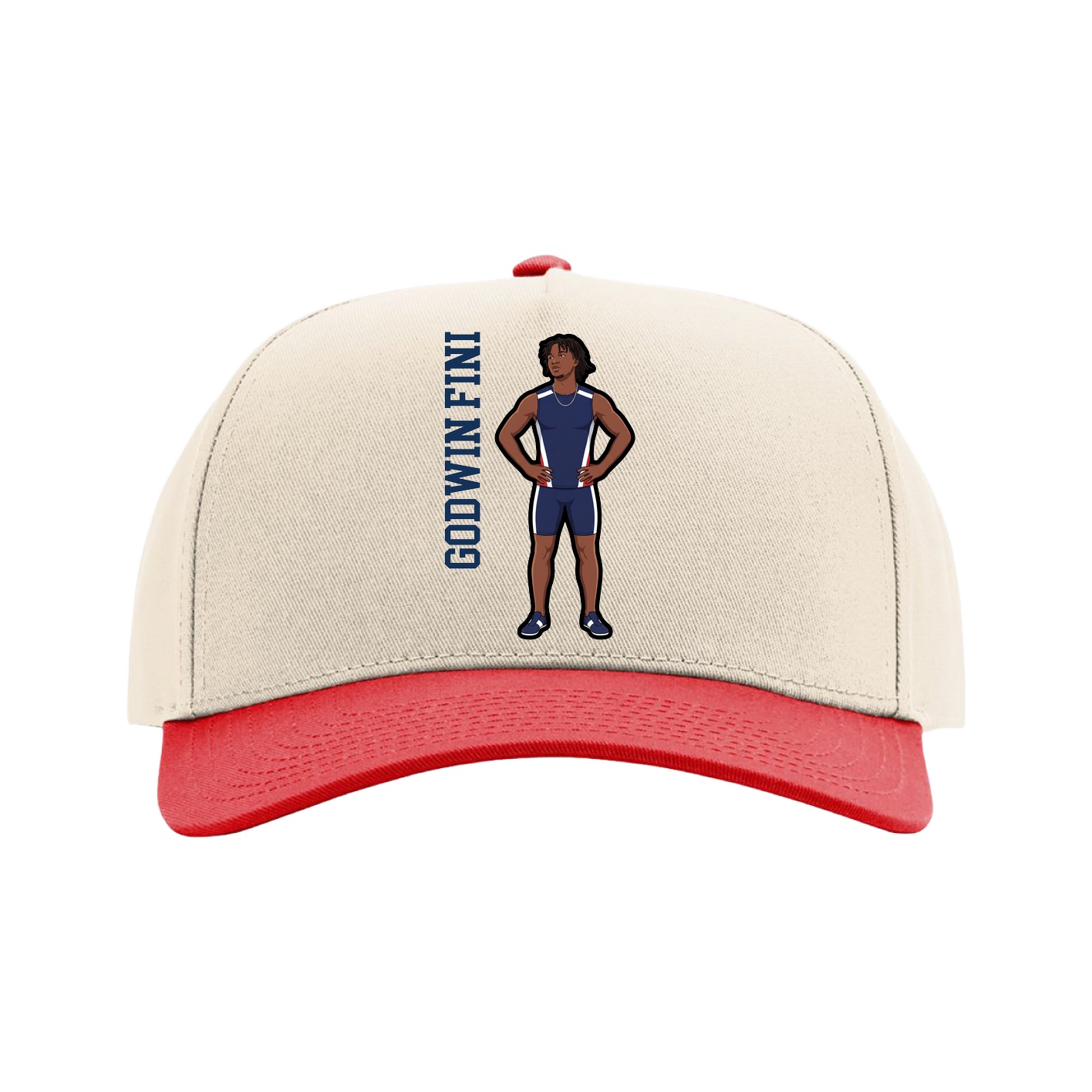 Full Fabric Five-Panel Champ Cap — Name Vertical in Cream/Red
