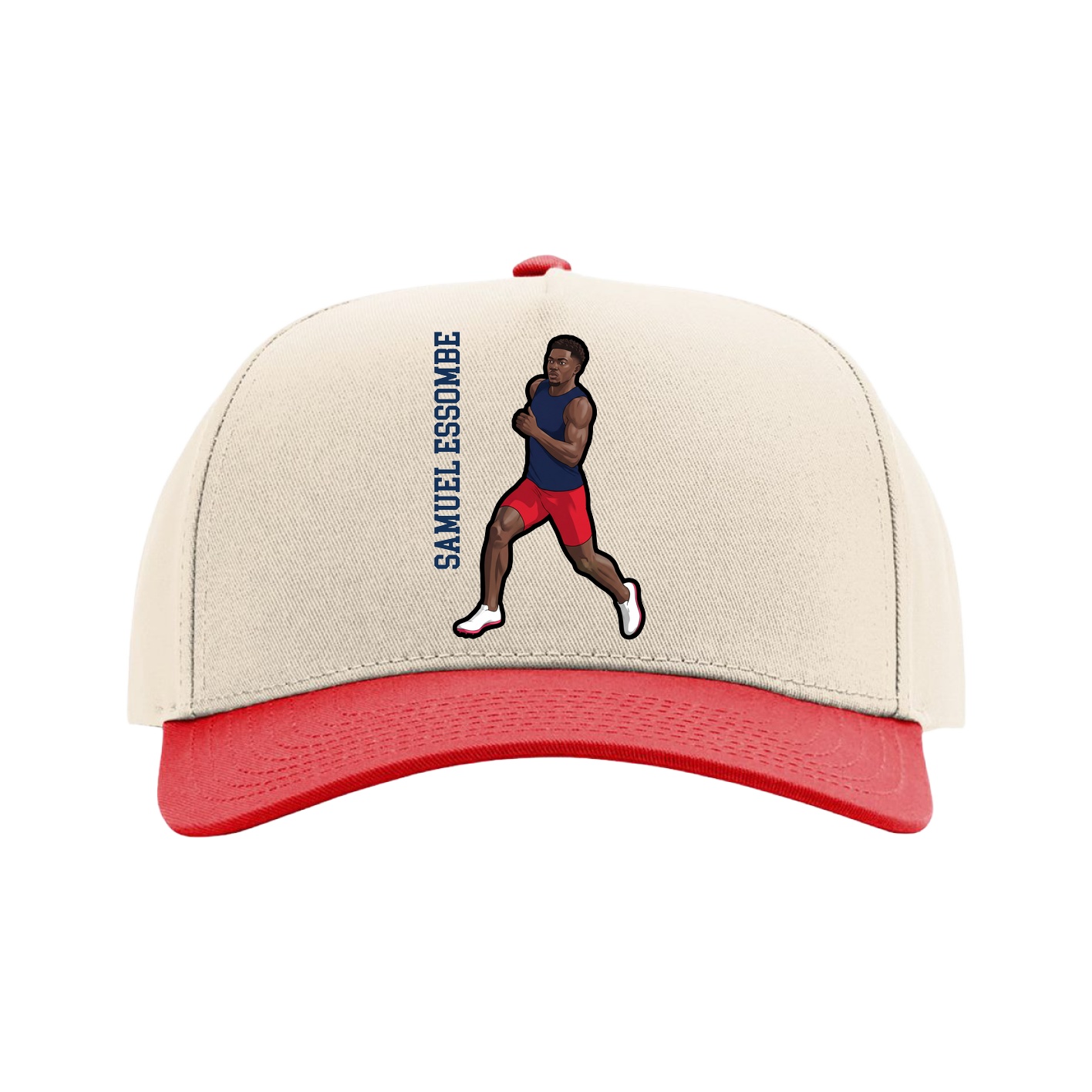 Full Fabric Five-Panel Champ Cap — Name Vertical in Cream/Red