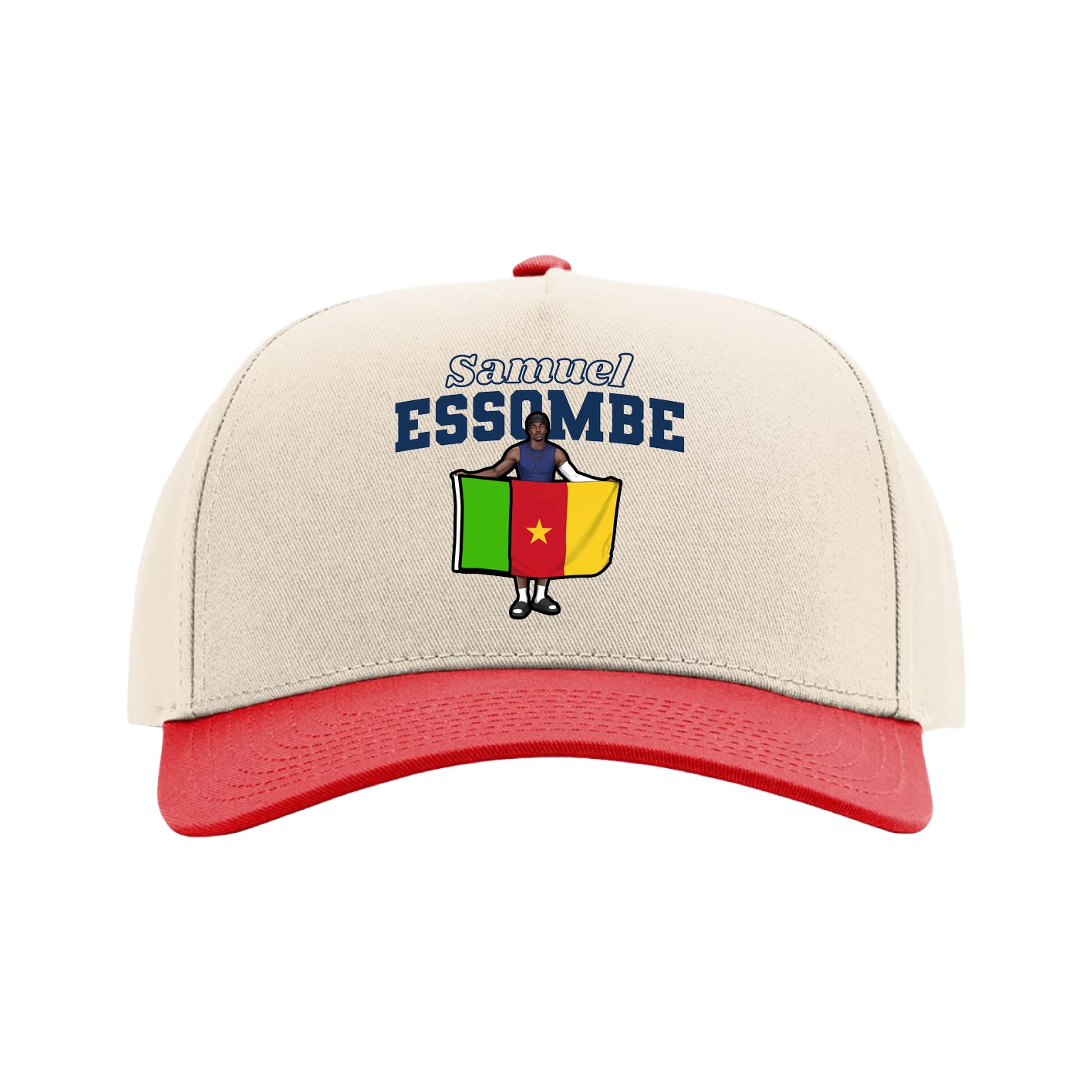 Full Fabric Five-Panel Champ Cap — Name Arch in Cream/Red