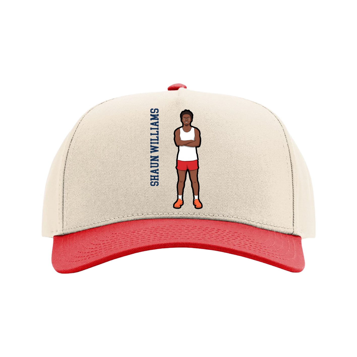Full Fabric Five-Panel Champ Cap — Name Vertical in Cream/Red