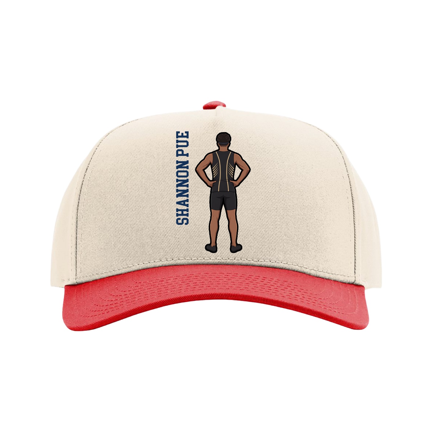 Full Fabric Five-Panel Champ Cap — Name Vertical in Cream/Red