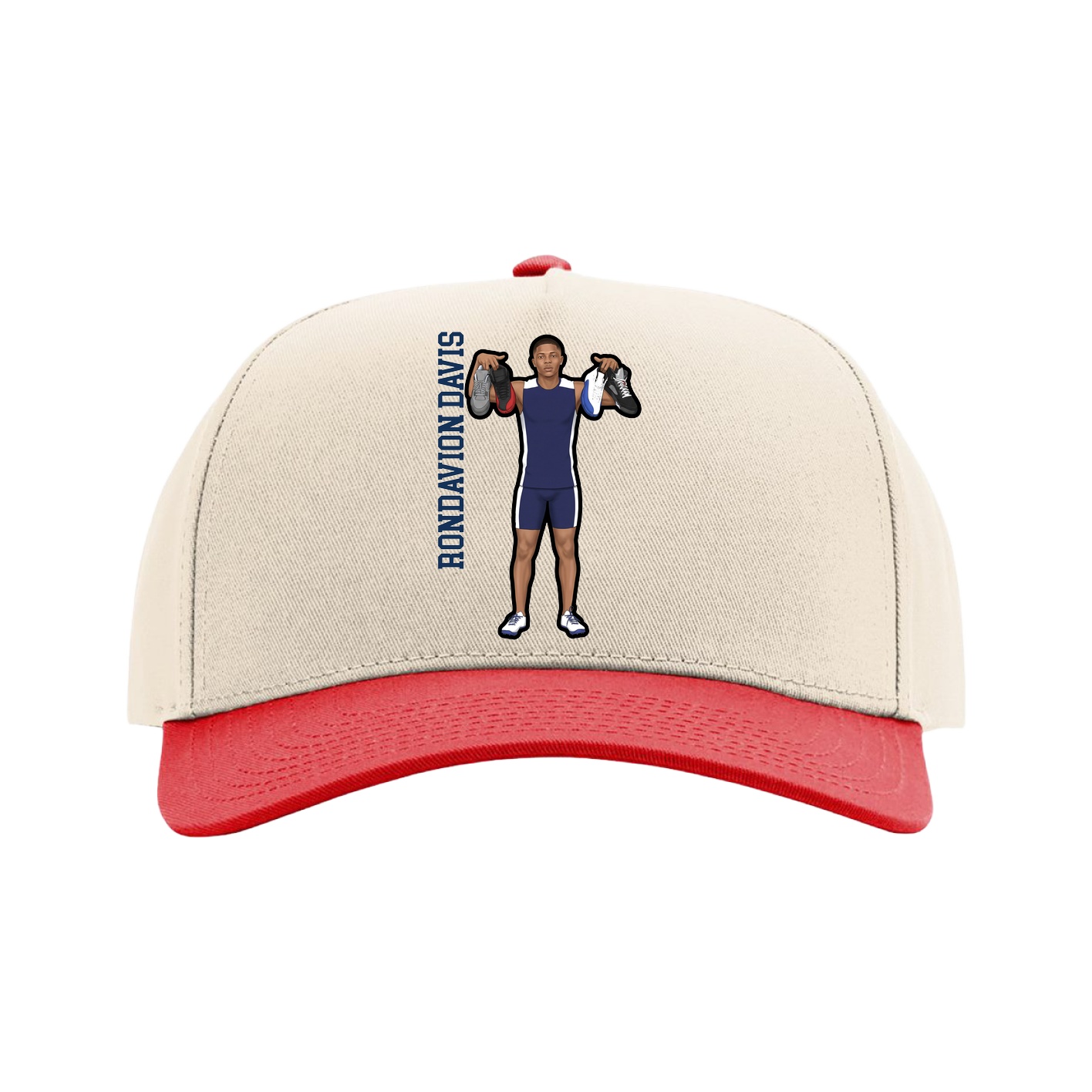 Full Fabric Five-Panel Champ Cap — Name Vertical in Cream/Red