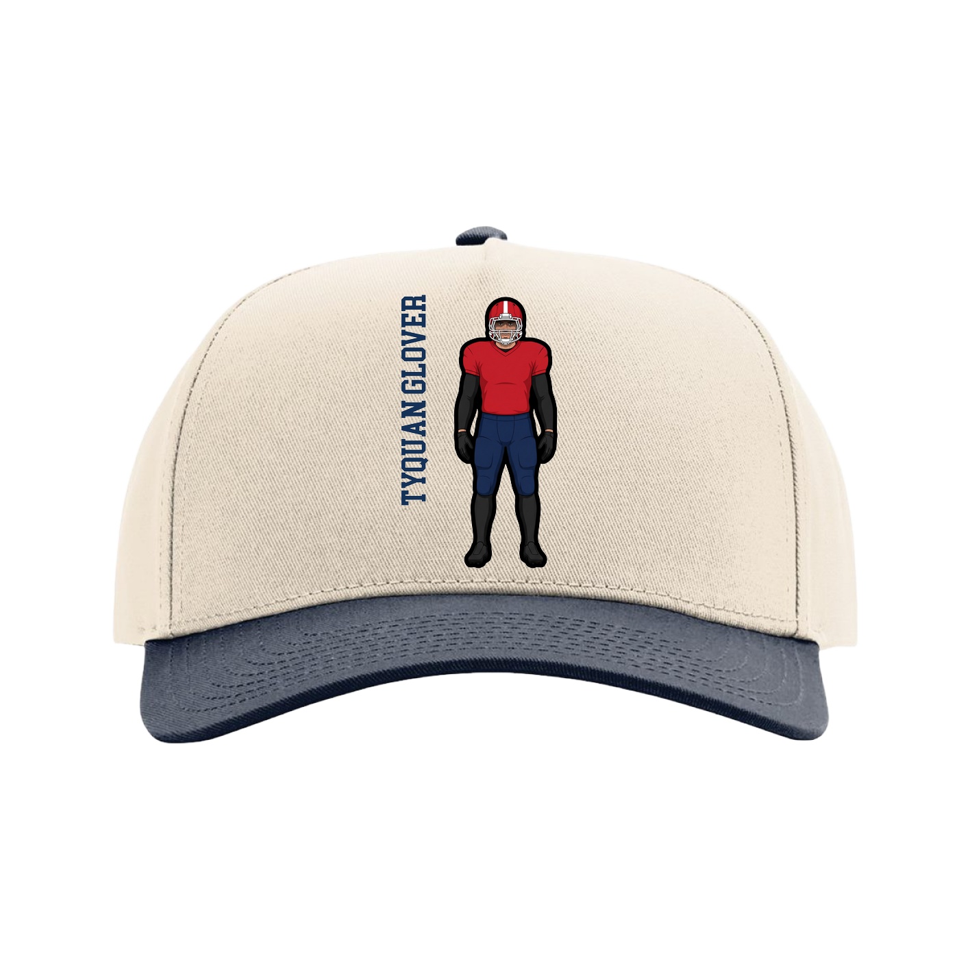 Full Fabric Five-Panel Champ Cap — Name Vertical in Cream/Navy