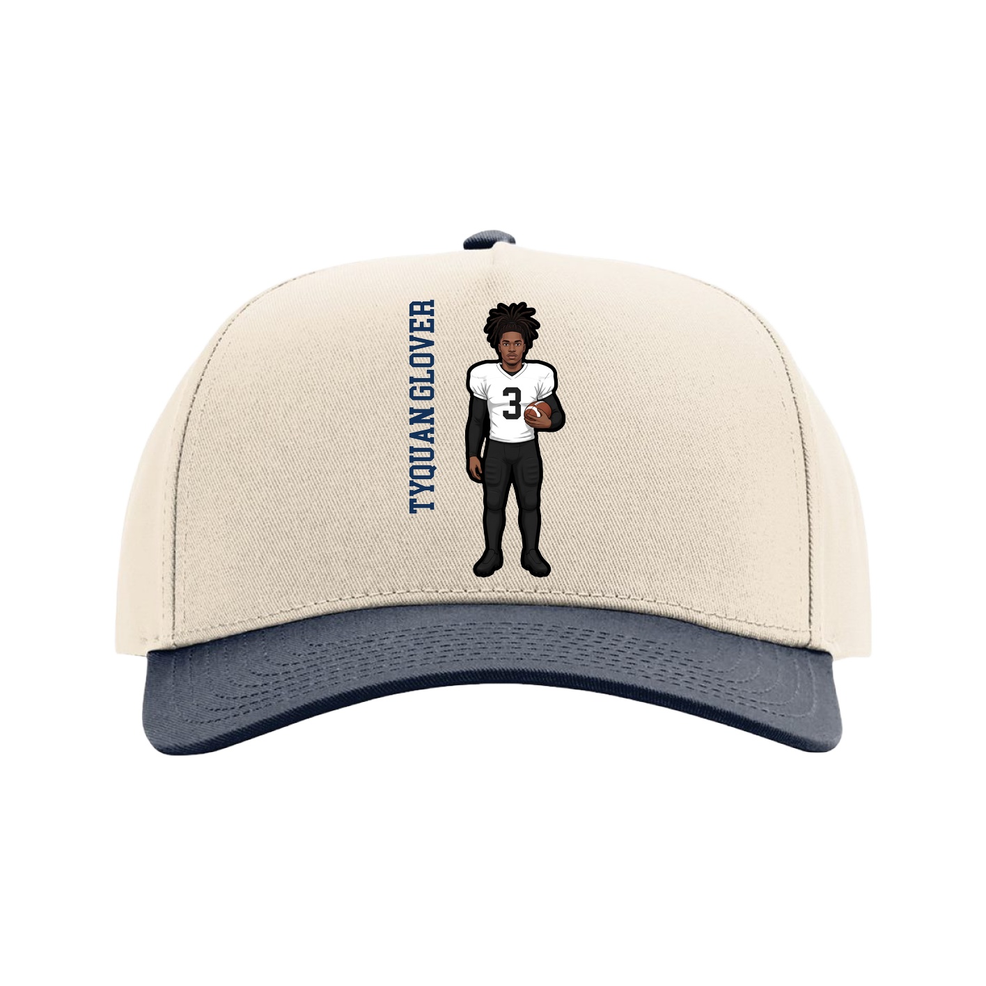 Full Fabric Five-Panel Champ Cap — Name Vertical in Cream/Navy