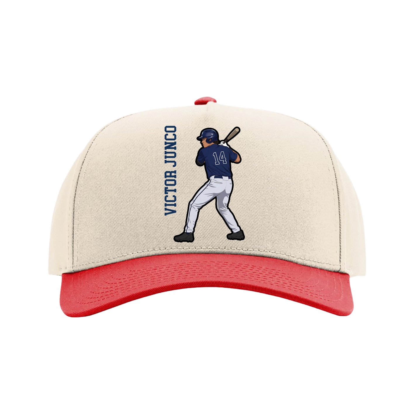 Full Fabric Five-Panel Champ Cap — Name Vertical in Cream/Red