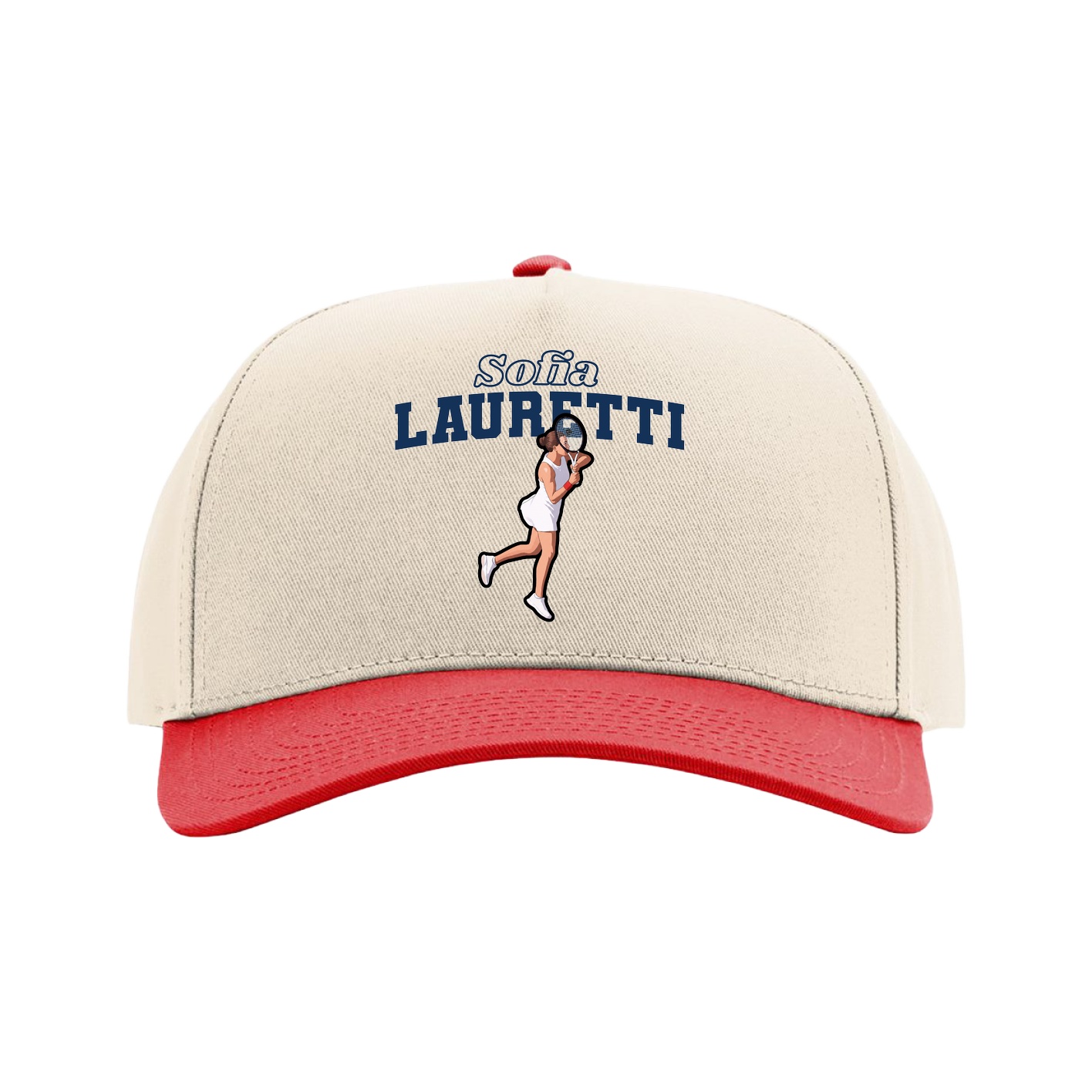 Full Fabric Five-Panel Champ Cap — Name Arch in Cream/Red