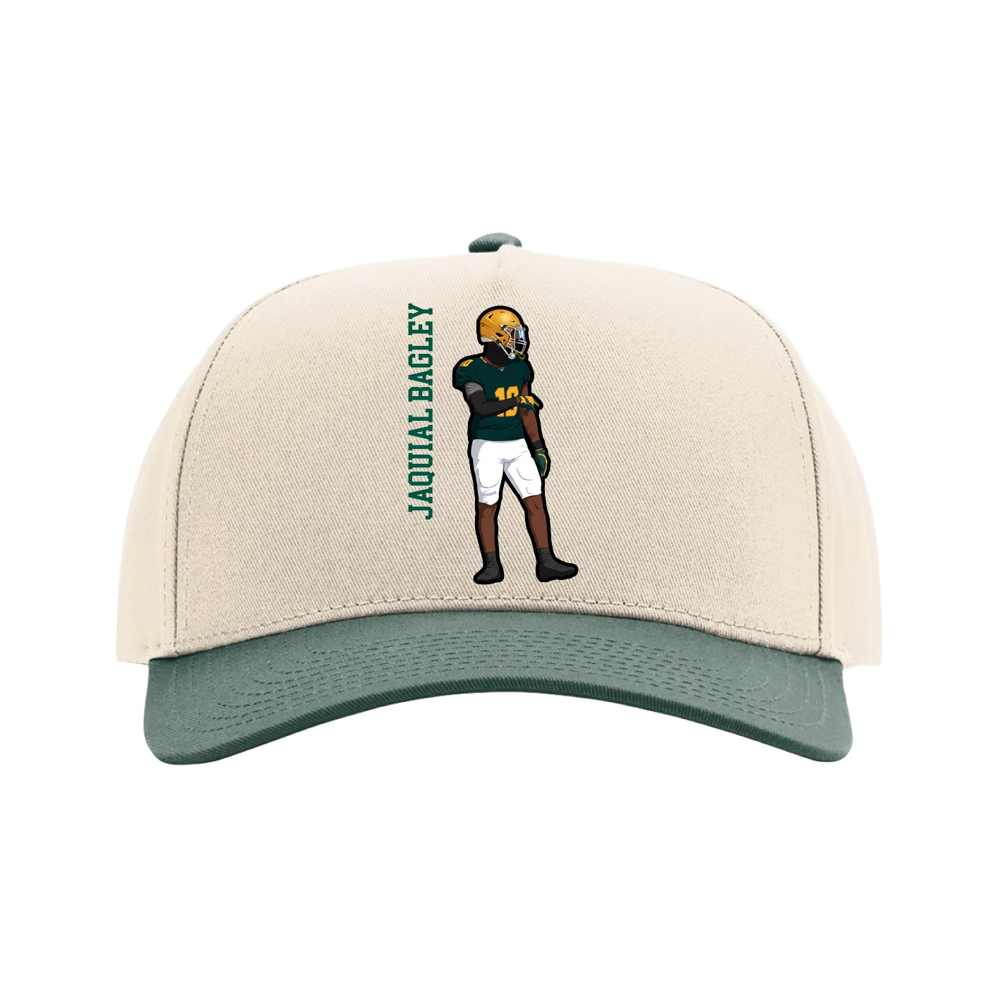 Full Fabric Five-Panel Champ Cap — Name Vertical in Cream/Green