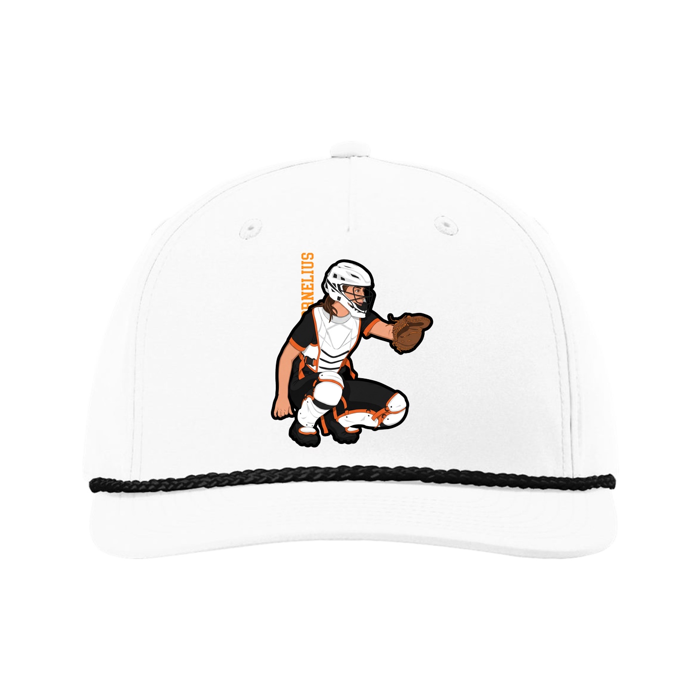 Five-Panel Classic Rope Cap — Name Vertical in White