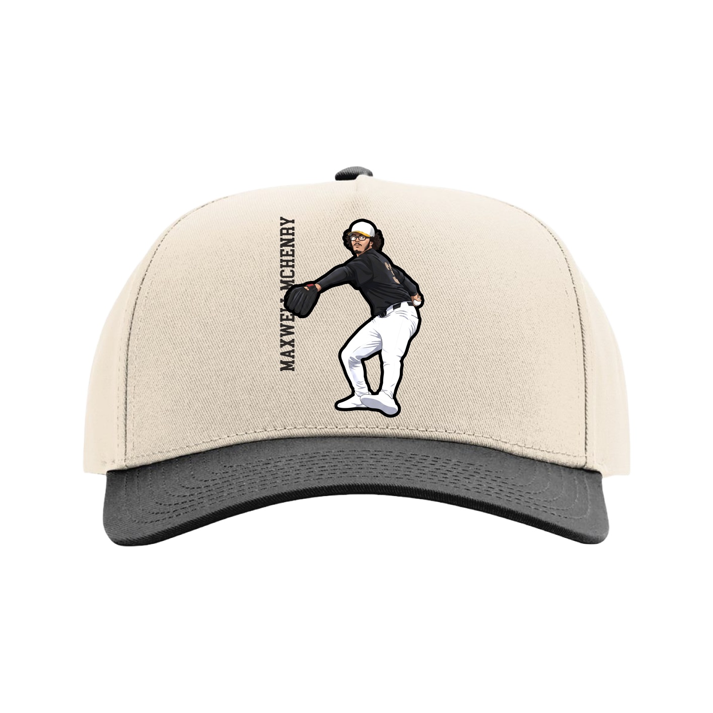 Full Fabric Five-Panel Champ Cap — Name Vertical in Cream/Black