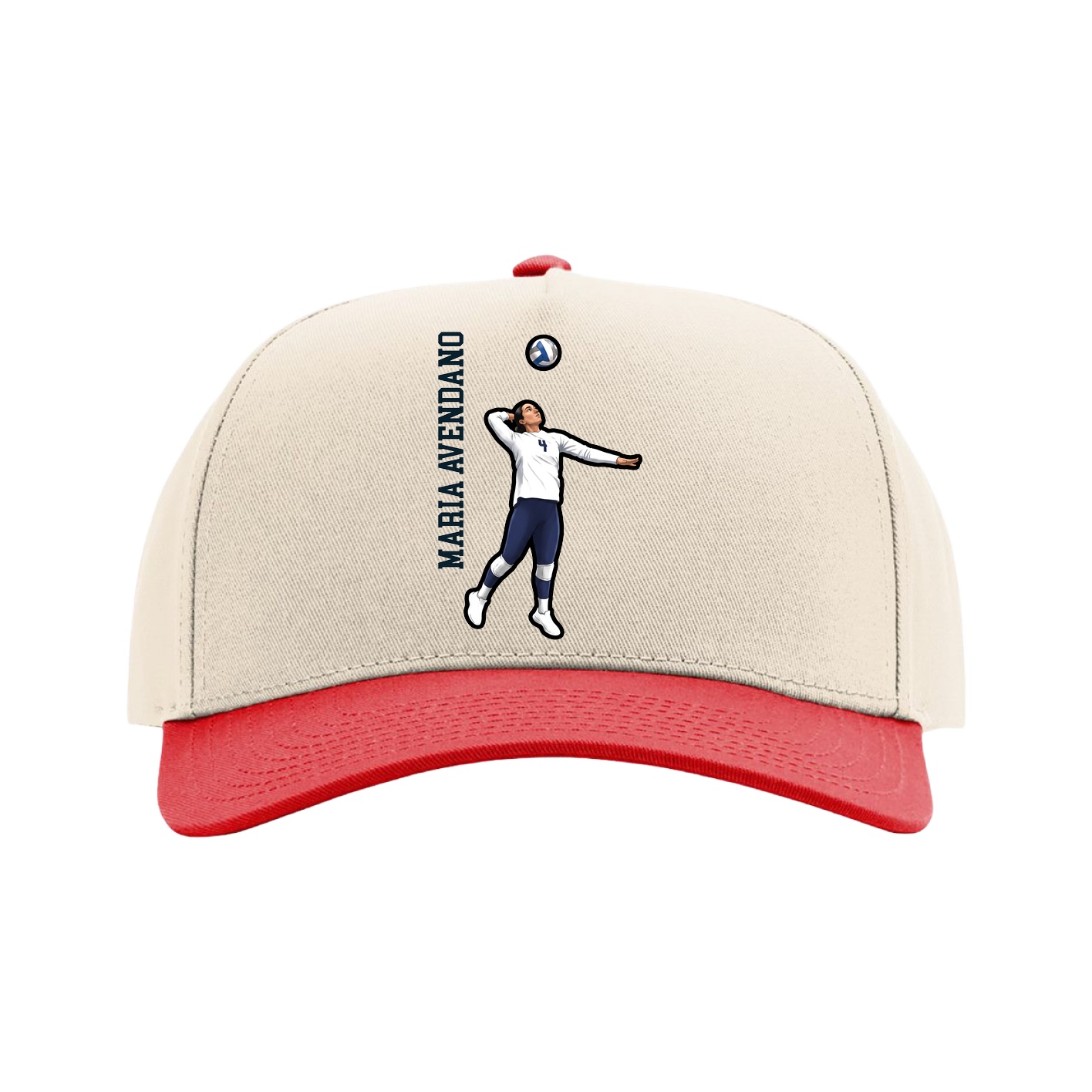 Full Fabric Five-Panel Champ Cap — Name Vertical in Cream/Red