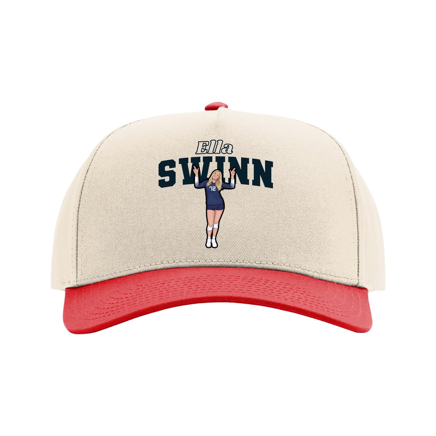 Full Fabric Five-Panel Champ Cap — Name Arch in Cream/Red