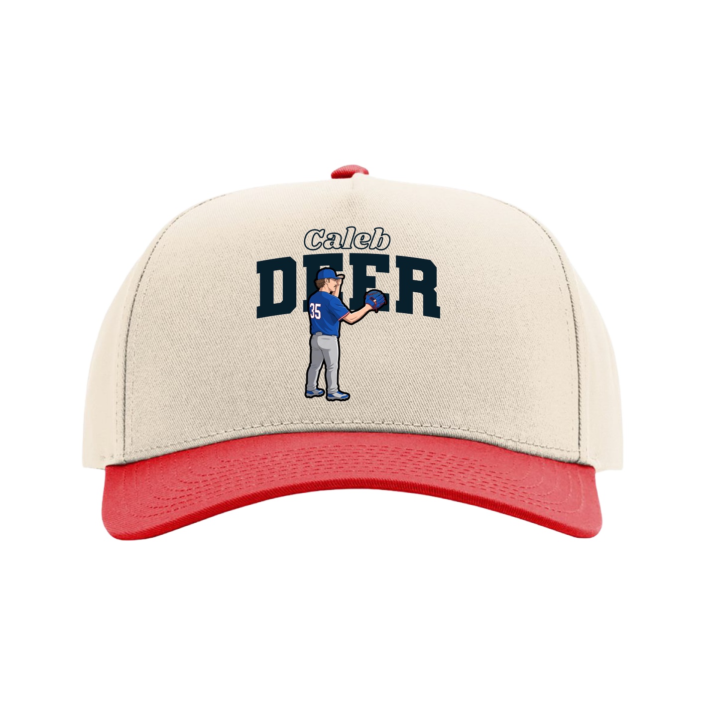 Full Fabric Five-Panel Champ Cap — Name Arch in Cream/Red