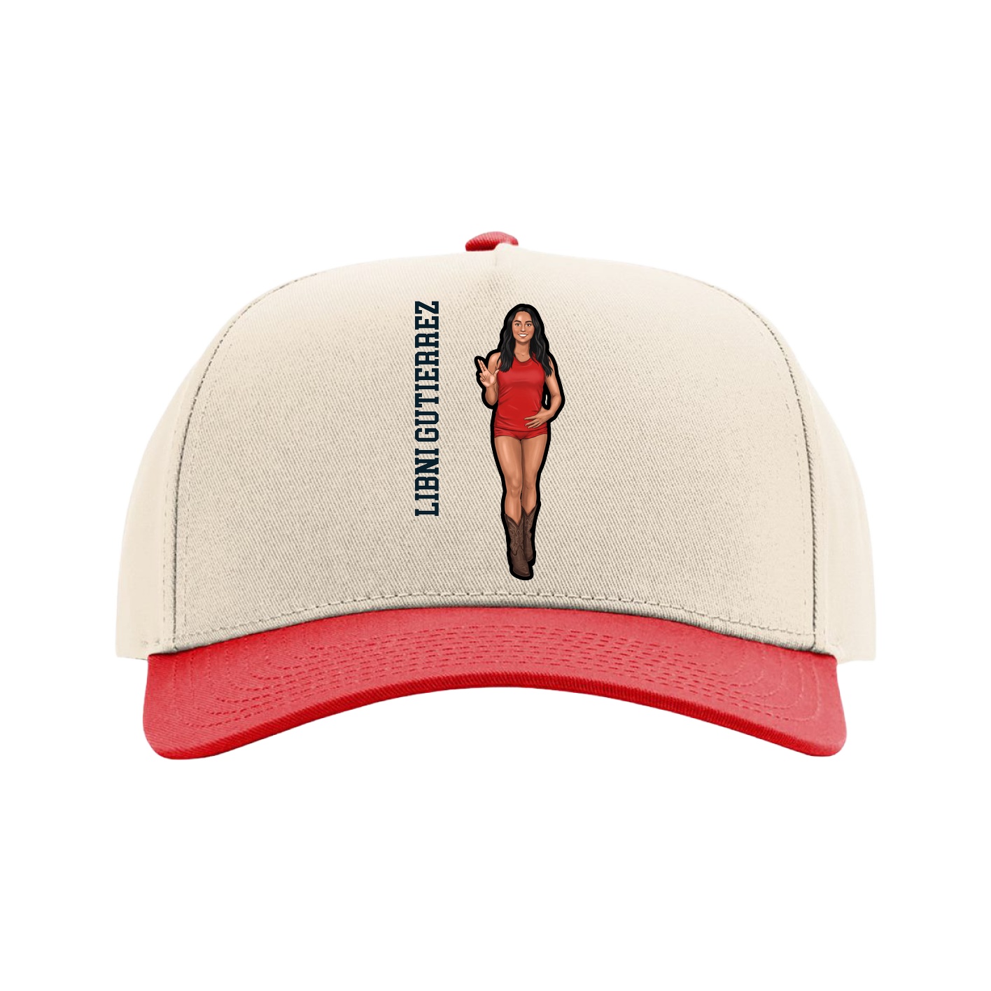 Full Fabric Five-Panel Champ Cap — Name Vertical in Cream/Red