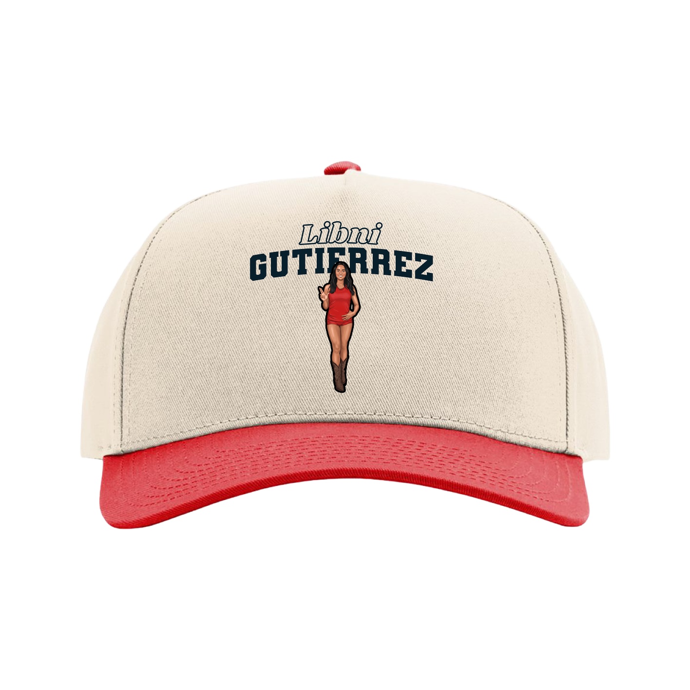 Full Fabric Five-Panel Champ Cap — Name Arch in Cream/Red