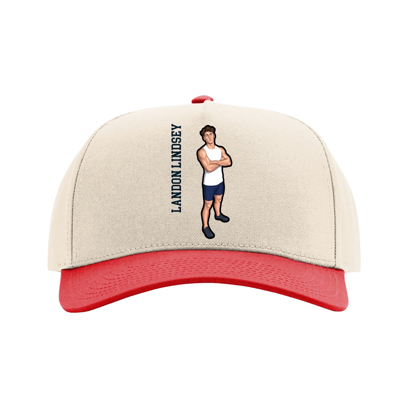 Full Fabric Five-Panel Champ Cap — Name Vertical in Cream/Red